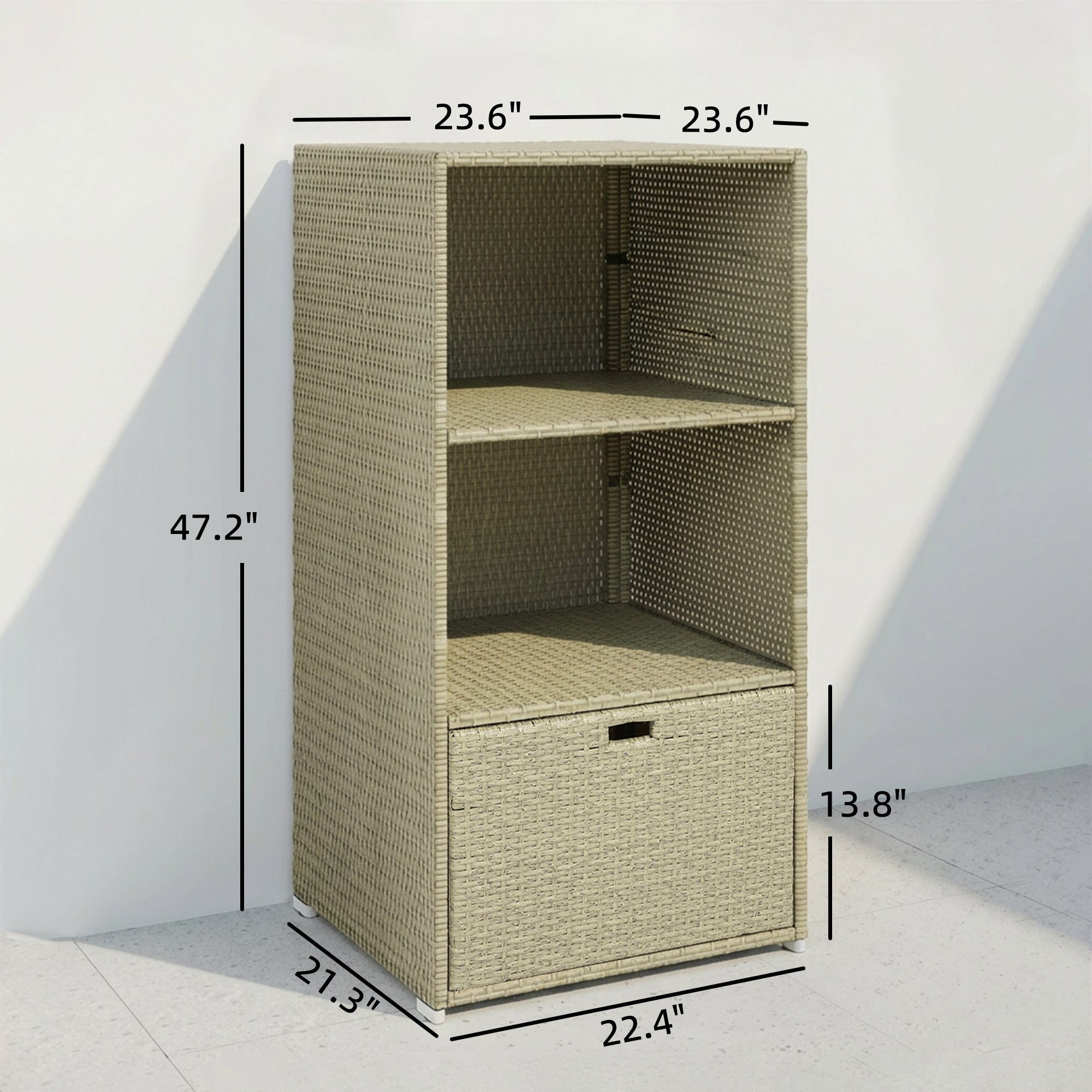 Valet Pool Towel Rack, Water-Resistant PE Plastic Rattan Wicker Storage Organizer, 2 Shelves, 1 Basket Drawer