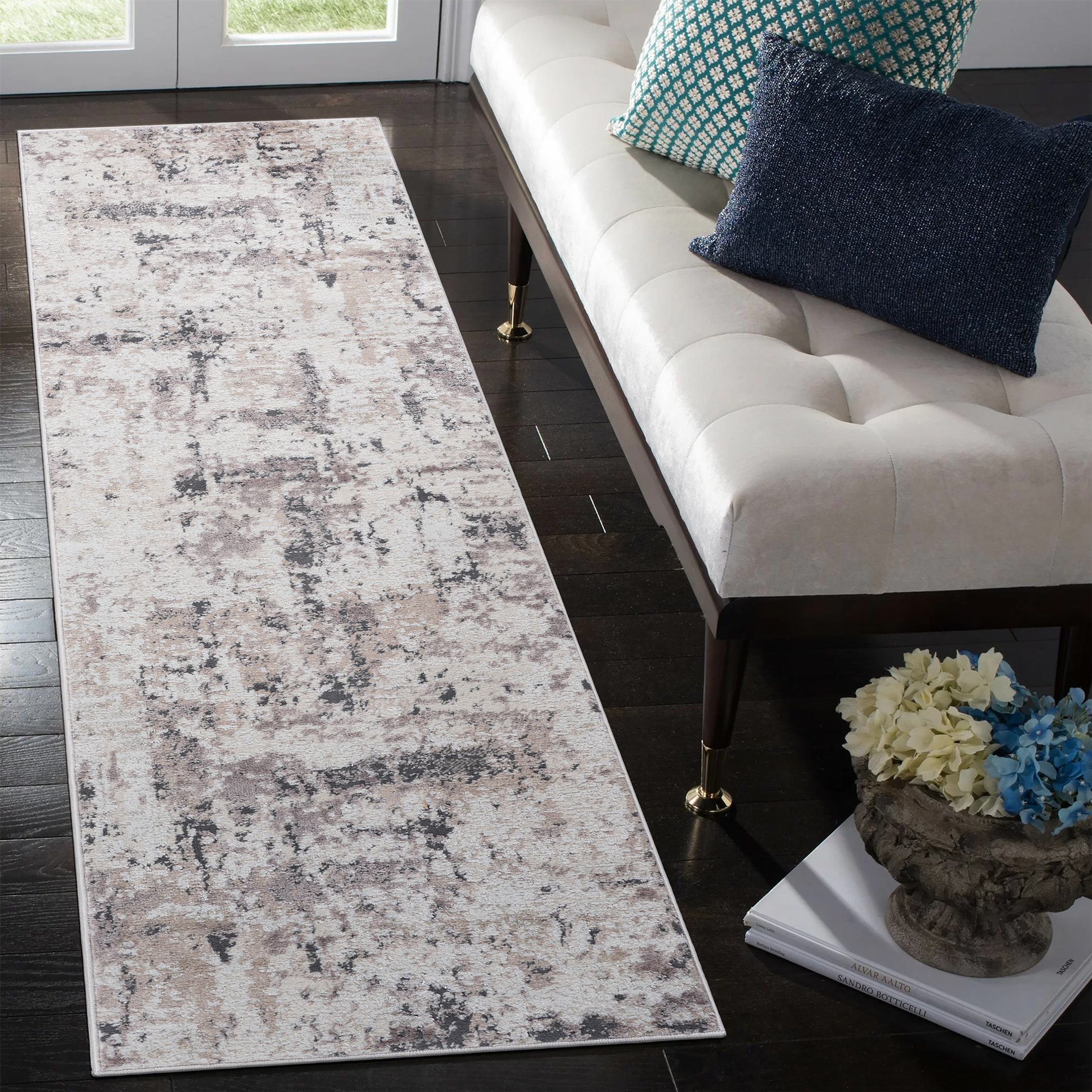 Naar 2x8 Stain-Resistant Area Rug with Cotton Backing, Medium Pile Height, Kid and Pet-Friendly Carpet, 96" L x 26" W x 0.3" H, Cream+Brown