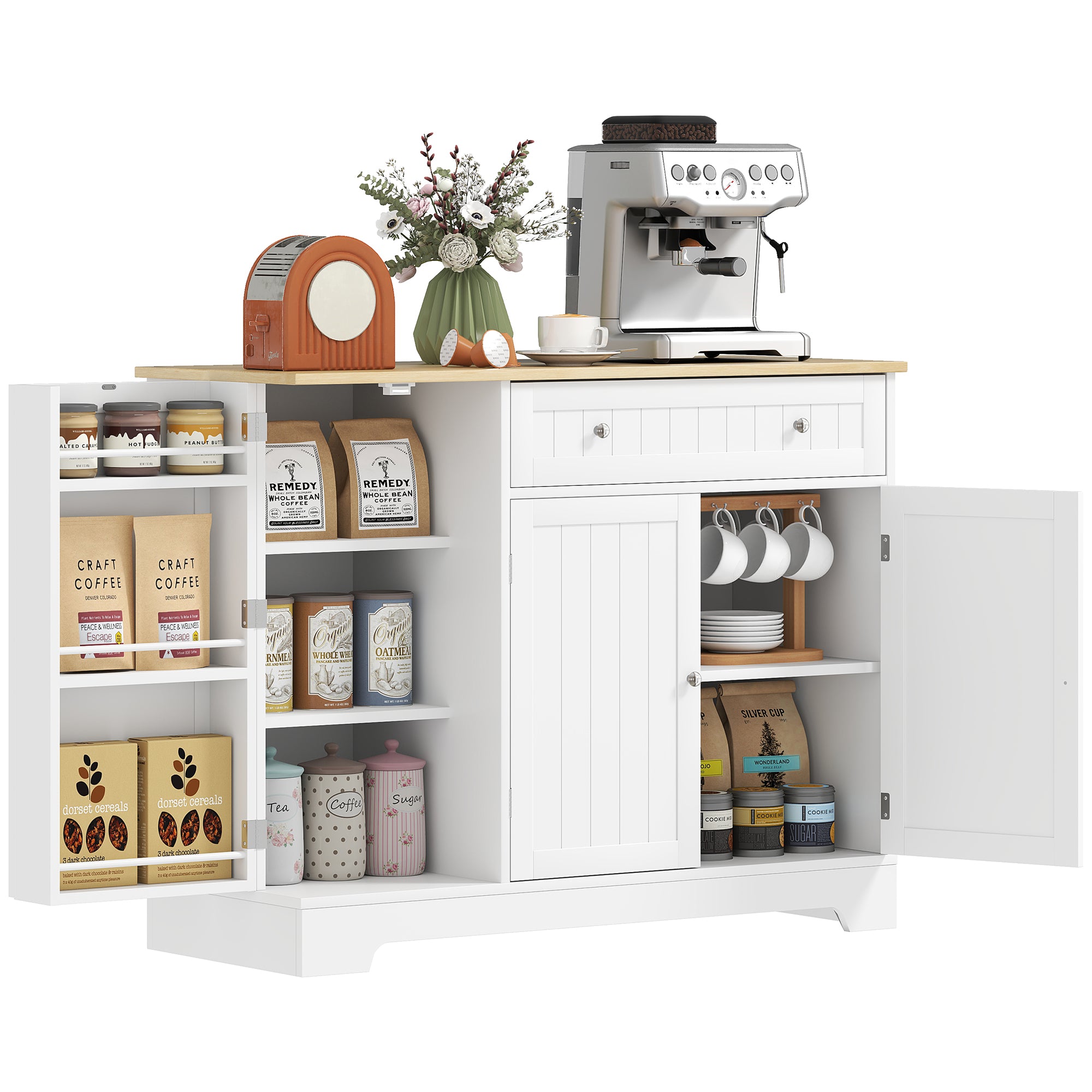 Modern Sideboard Cabinet, 41" Kitchen Buffet Cabinet with Drawer, Adjustable Shelf, 3 Doors for Dining Room, White