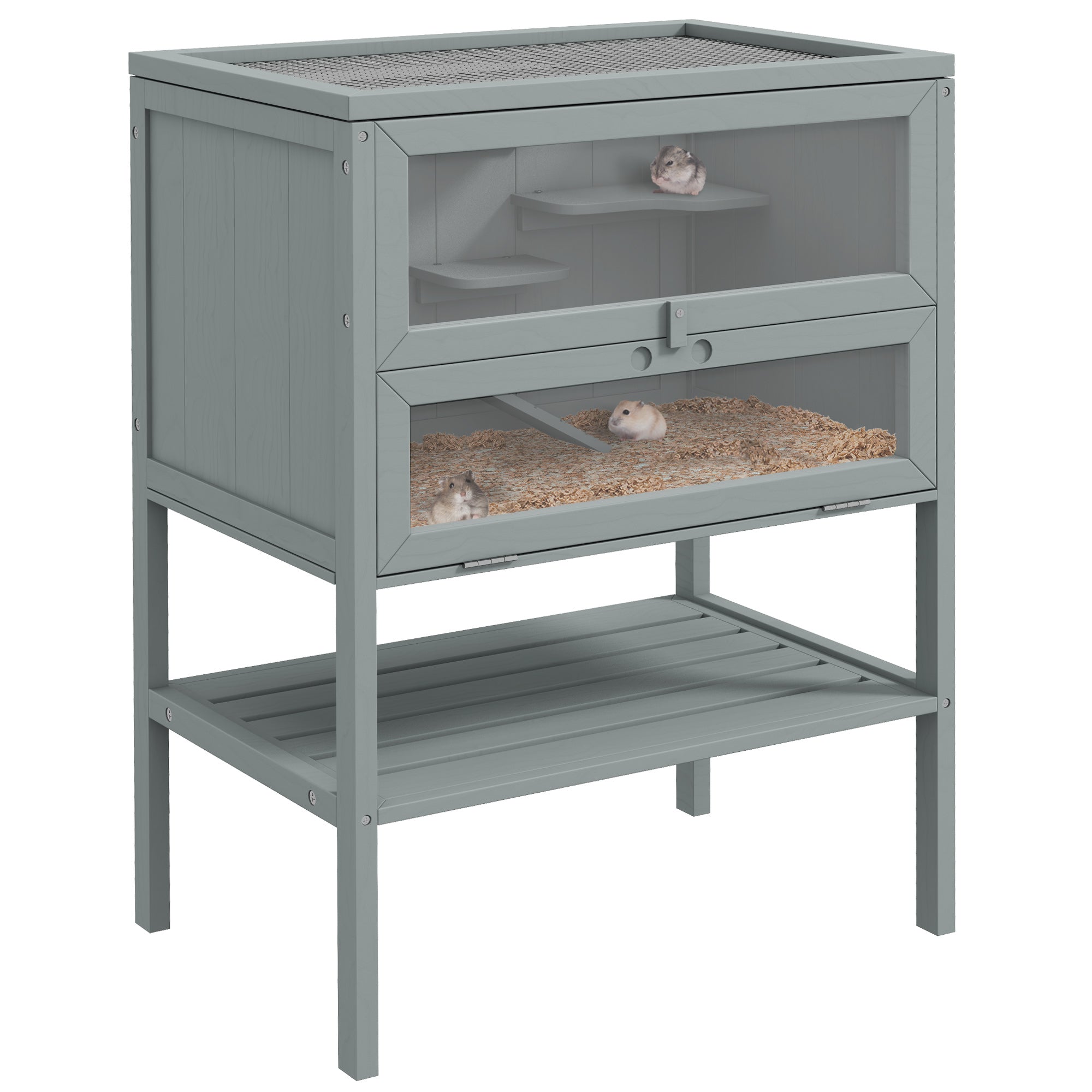 3-Tier Wooden Hamster Cage Mice and Rat Cage Small Animals Hutch with Openable Top, Front Door, Storage Shelf, Gray