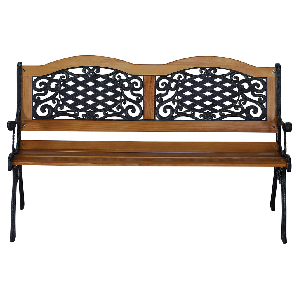 50" Outdoor Garden Bench, Park Patio Bench Loveseat, Wood & Metal Frame with Plastic Flourish Backrest, Natural Wood