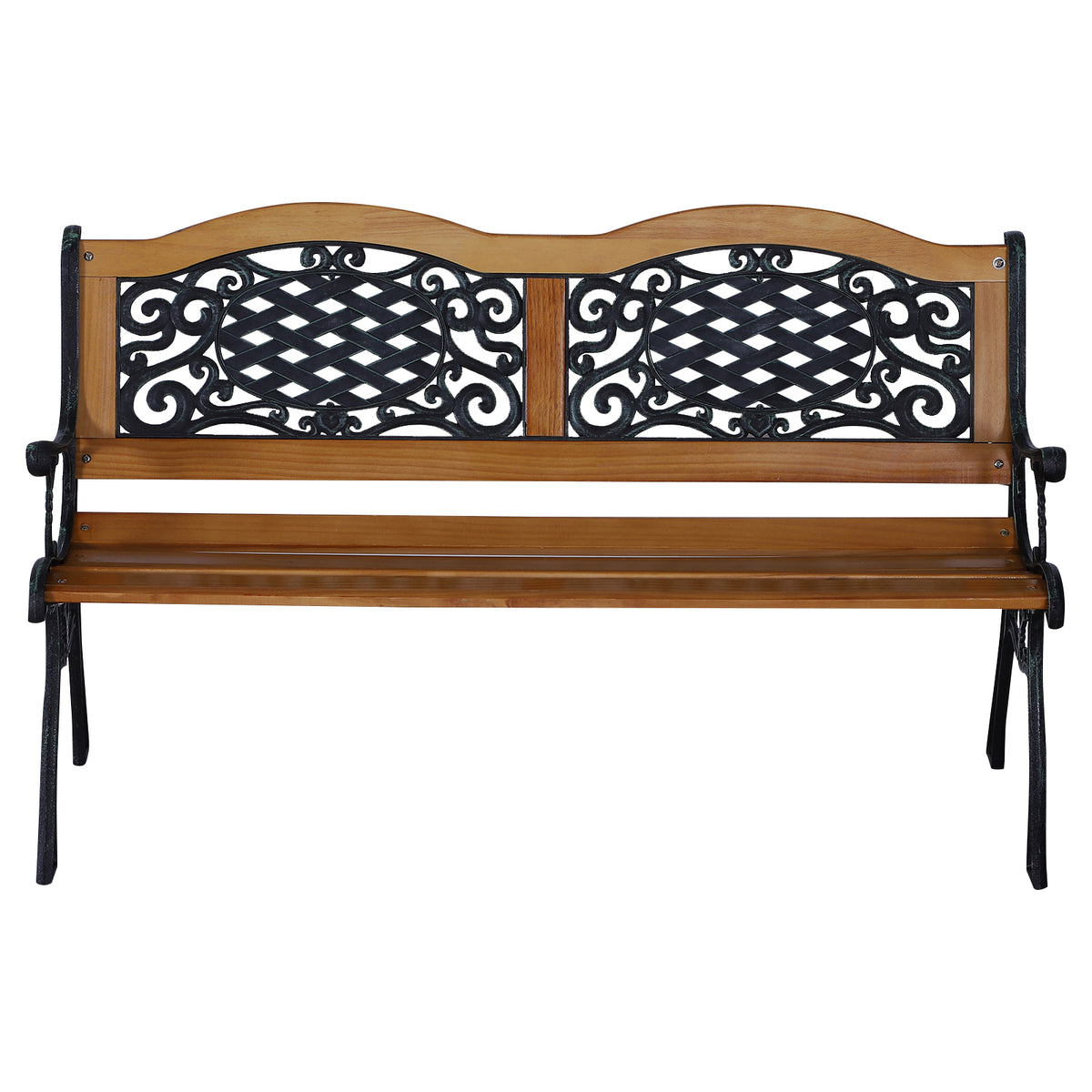 50" Outdoor Garden Bench, Park Patio Bench Loveseat, Wood & Metal Frame with Plastic Flourish Backrest, Natural Wood