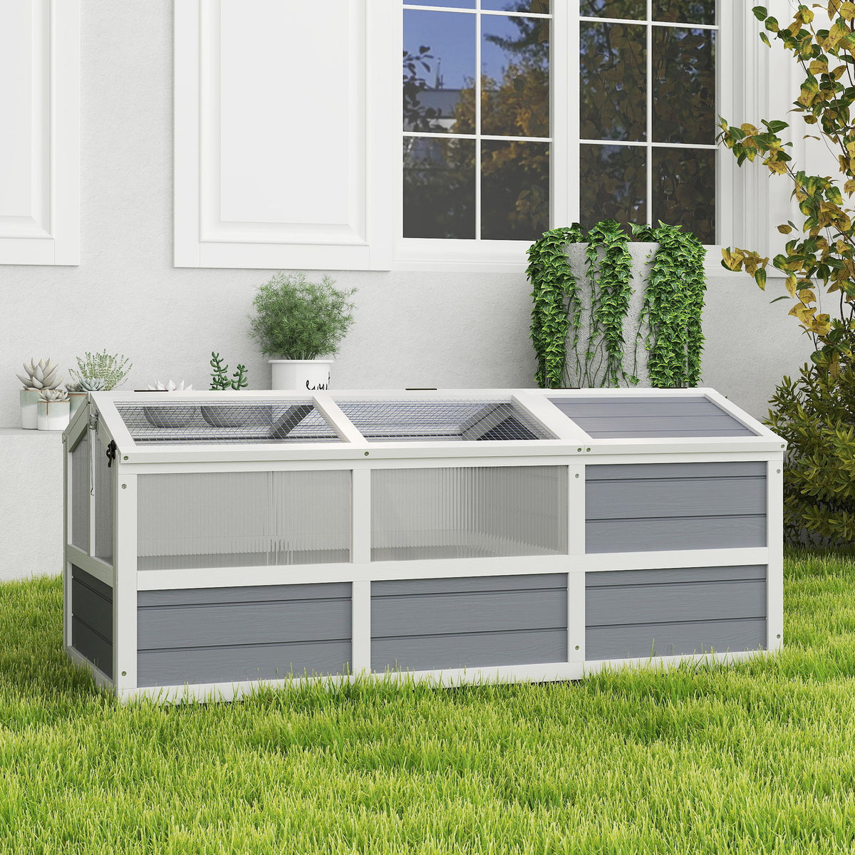 Wooden Tortoise Habitat Outdoor w/ Bottomless Design, Doors, PC Sun Panel Windows, for Small Animals, Rabbit, Light Gray