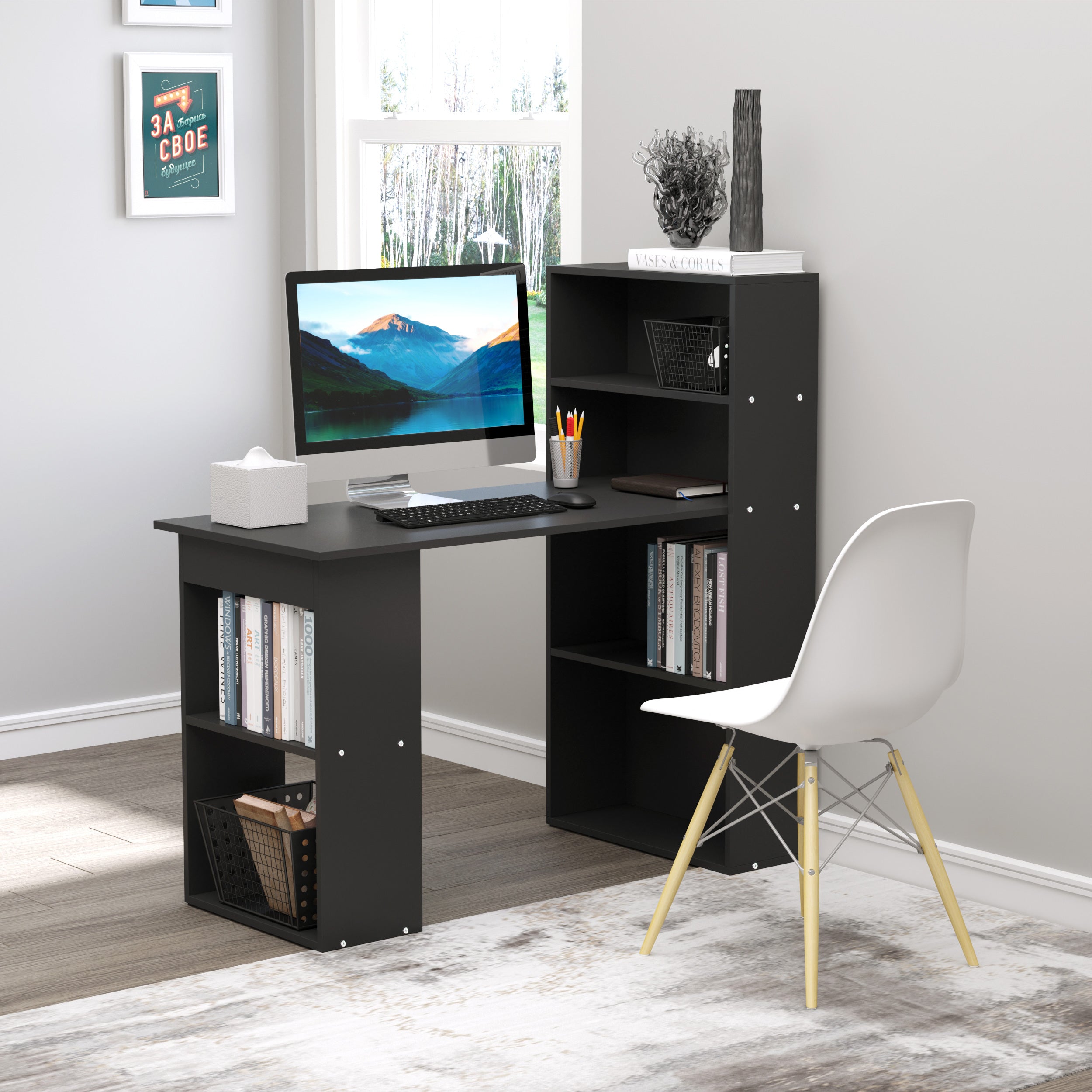 Computer Desk with 6-Tier Storage Shelves, Writing Desk Workstation with Bookshelf for Home Office, Black