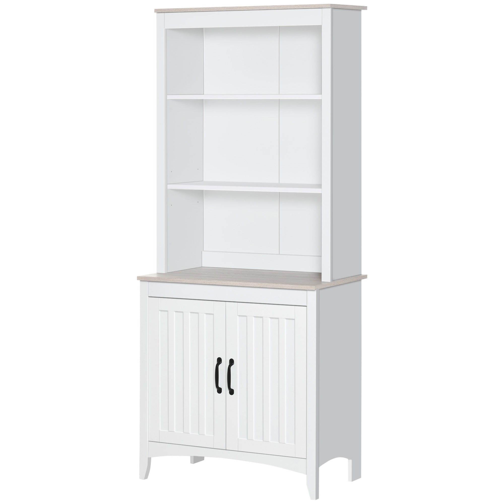 70" Kitchen Hutch, Freestanding Storage Pantry Cabinet with 3-Tier Shelving, Sideboard with Adjustable Shelves and Open Countertop, White