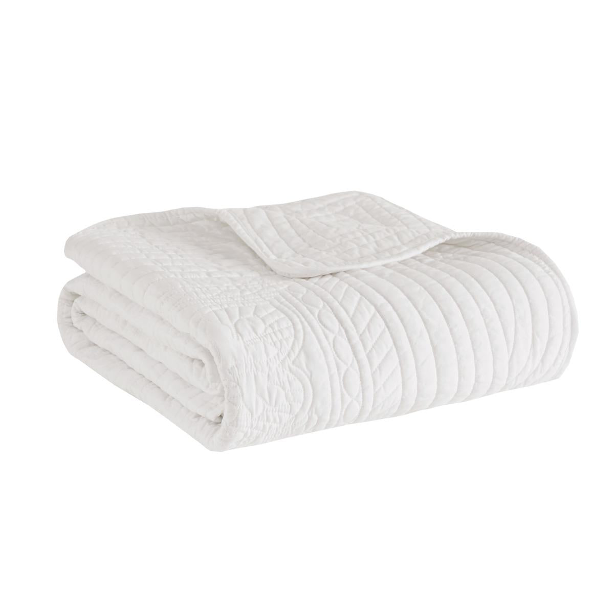 Oversized Quilted Throw with Scalloped Edges, Microfiber Face, Cotton Filled Blanket for Living Room, Bedroom, 72" L x 60" W x 0.25" H, White