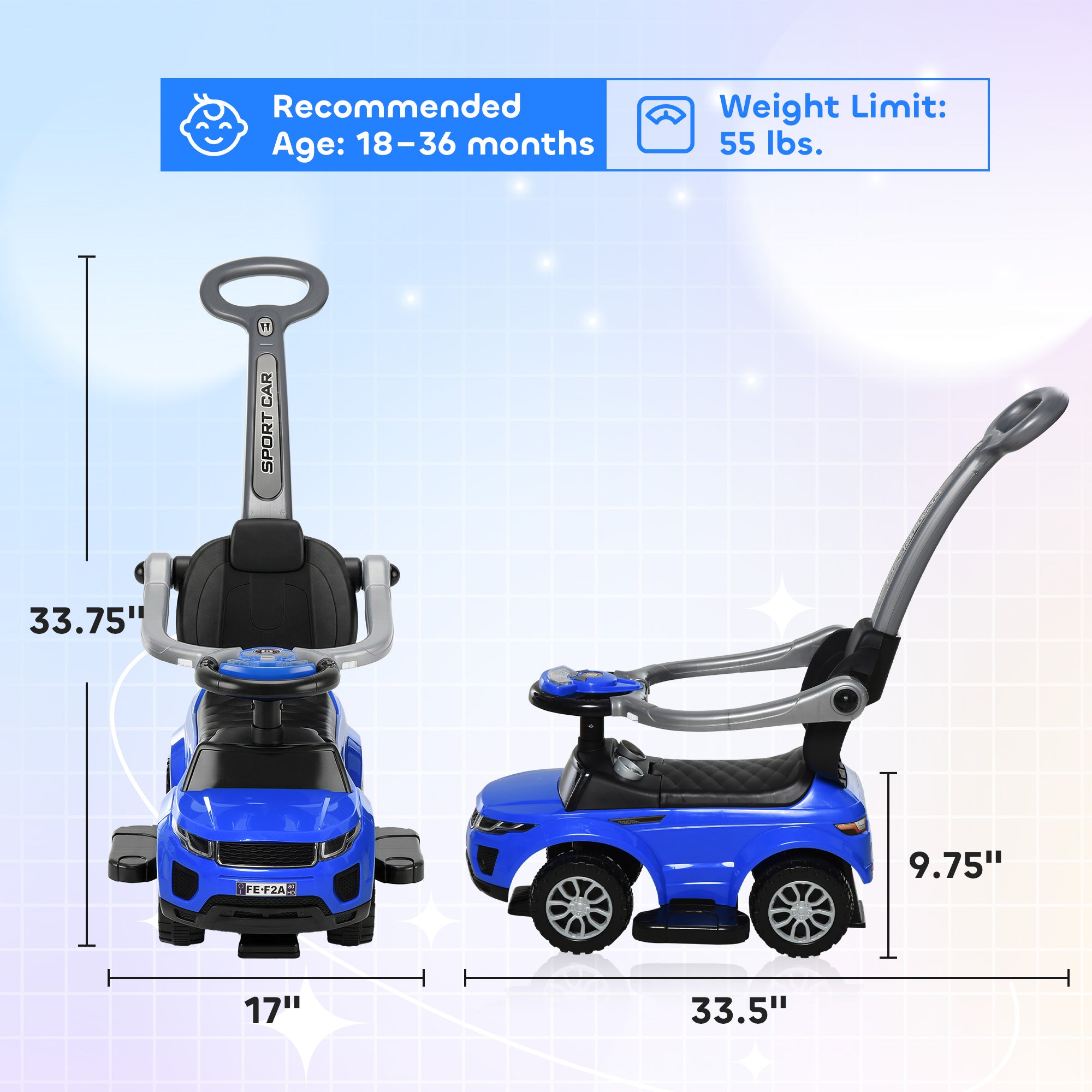 3 In 1 Push Cars for Toddlers Kid Ride on Push Car Stroller Sliding Car with Horn Music Light Function Secure Bar Ride on Toy for Boy Girl 18-36 Months, Blue