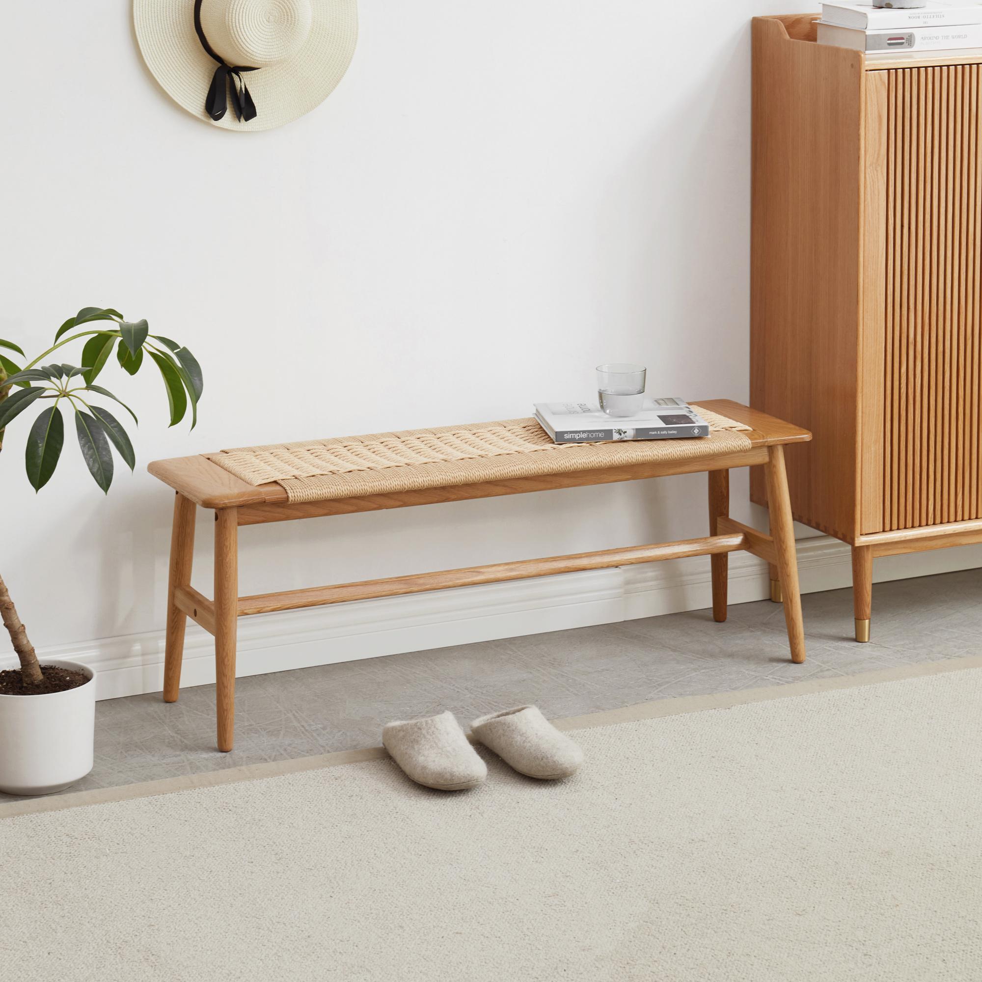 Solid Dining Bench with Handwoven Breathable Seat, Durable Wood Bench for Entryway or Dining, 43.5″ L x 12″ W x 16″ H, Oak