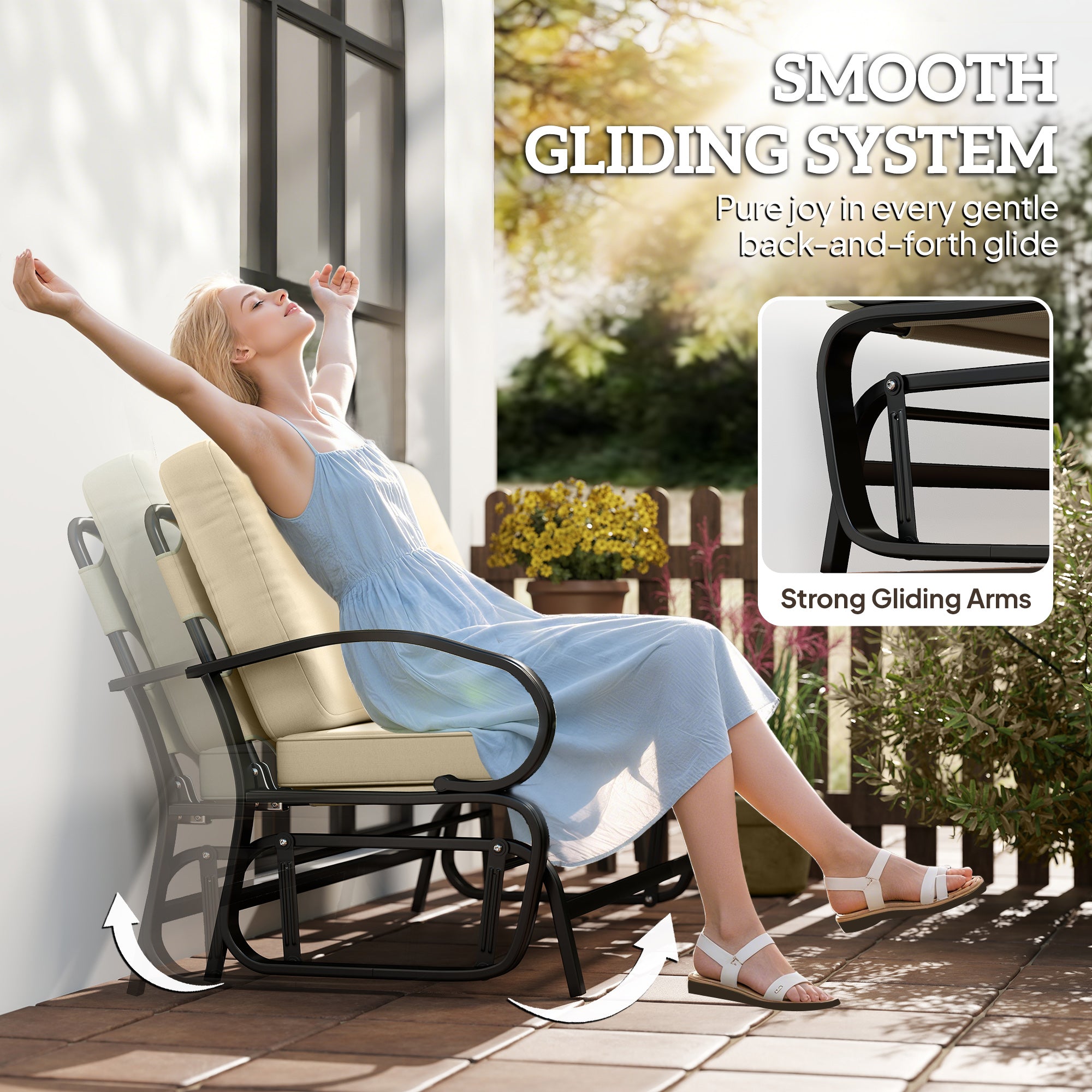 Outdoor Glider Bench, 2-Person Patio Rocker Loveseat with Tufted Cushions, Steel Frame for Porch, Garden Backyard, Beige