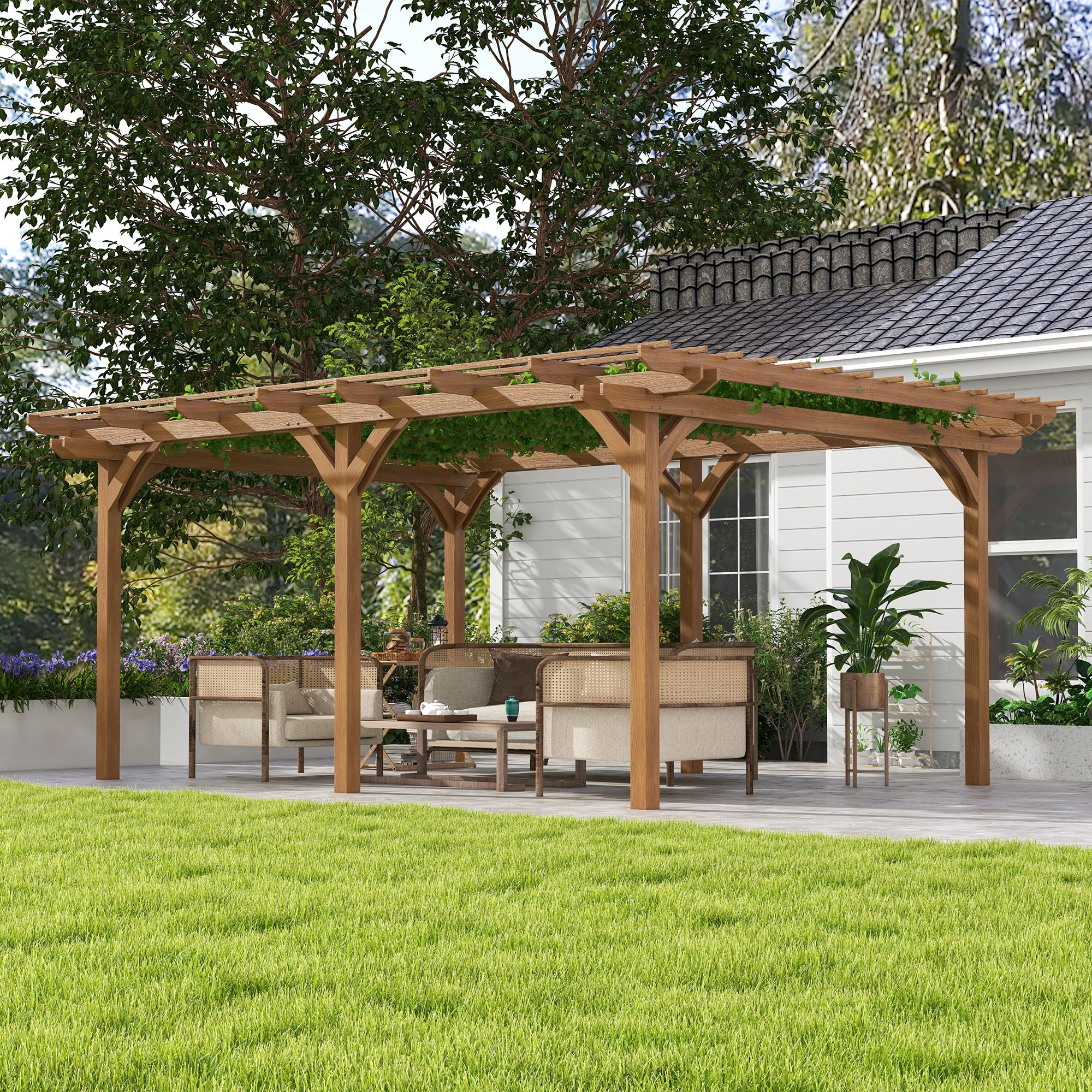 12' x 16' Outdoor Pergola Grape Trellis, Wood Gazebo for Climbing Plants at Garden, Patio, Backyard, Deck, Brown