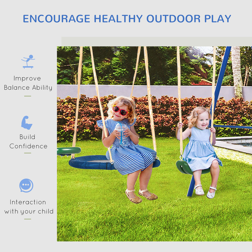693 lbs Metal Swing Set for Kids, 5 in 1 Outdoor Playset with Heavy Duty A-Frame Stand, 29.5" Saucer Swing, Slide, Teeter-Totter, Glider, for Backyard, Blue