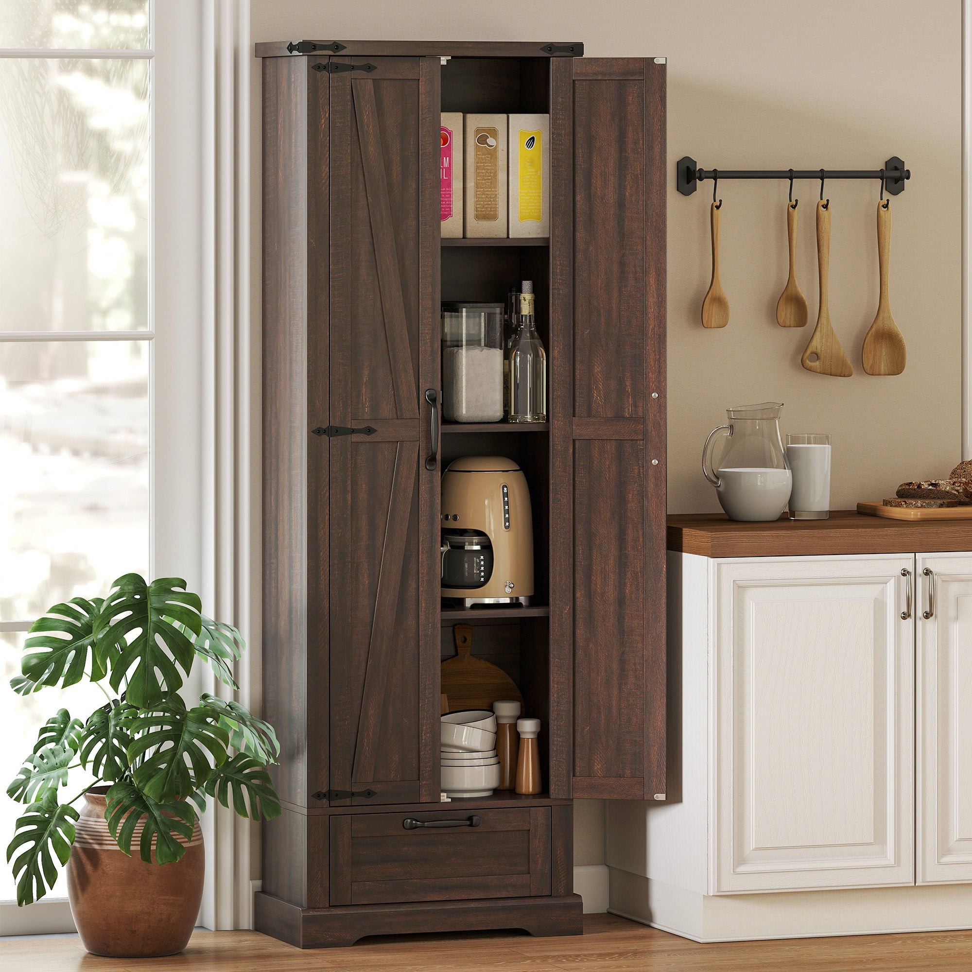 71" Pantry Cabinet, Kitchen Storage Cabinet with Adjustable Shelves, Barn Doors and Drawer for Dining Room, Brown