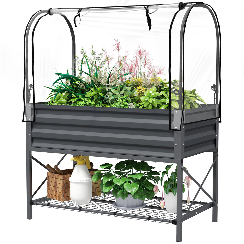 Raised Garden Bed with Legs and Cover, Metal Elevated Planter Box with Bottom Shelf and Liner for Vegetables, Dark Gray