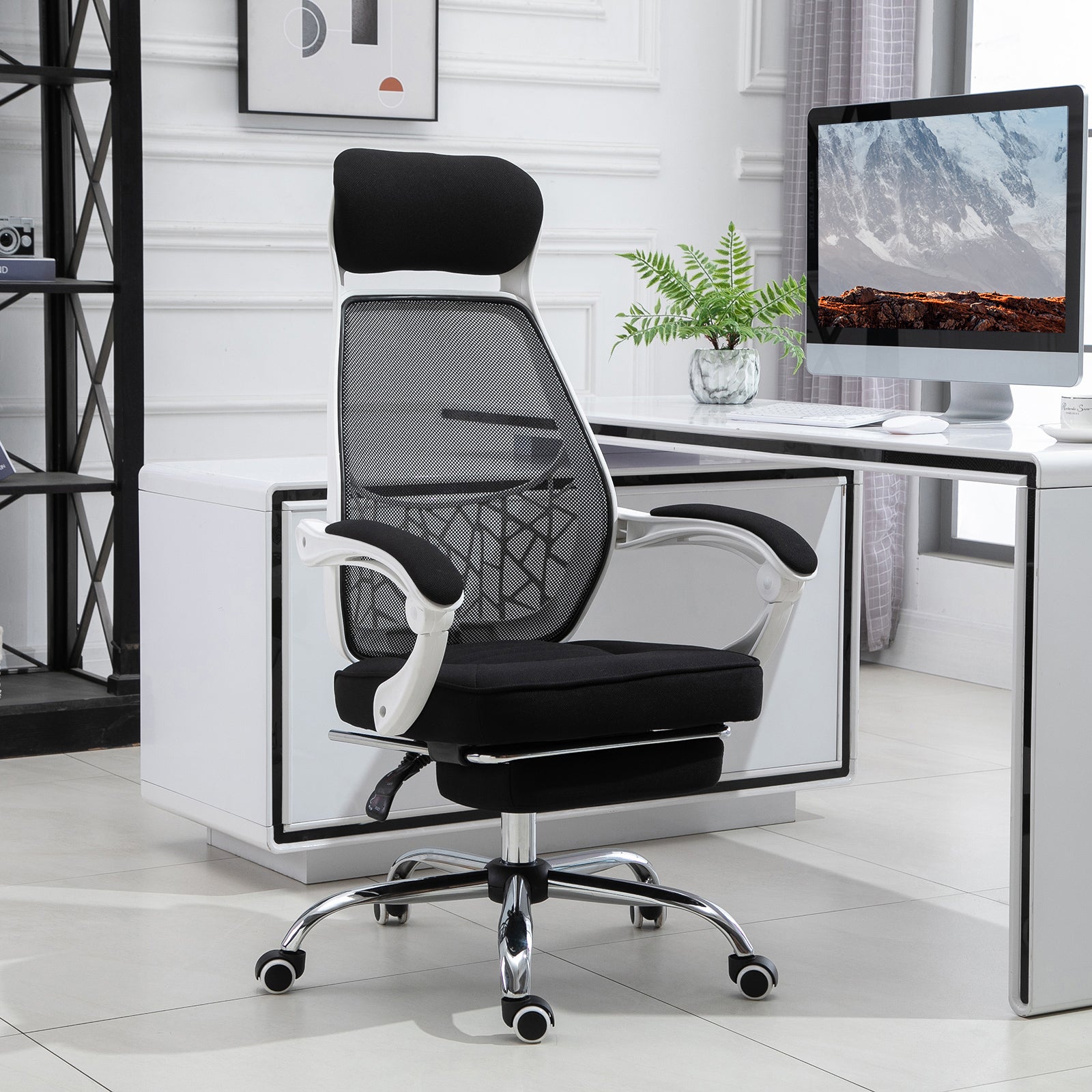 Ergonomic High Back Mesh Office Chair Swivel Reclining Computer Desk Chair with Retractable Footrest, Headrest, Padded Armrest