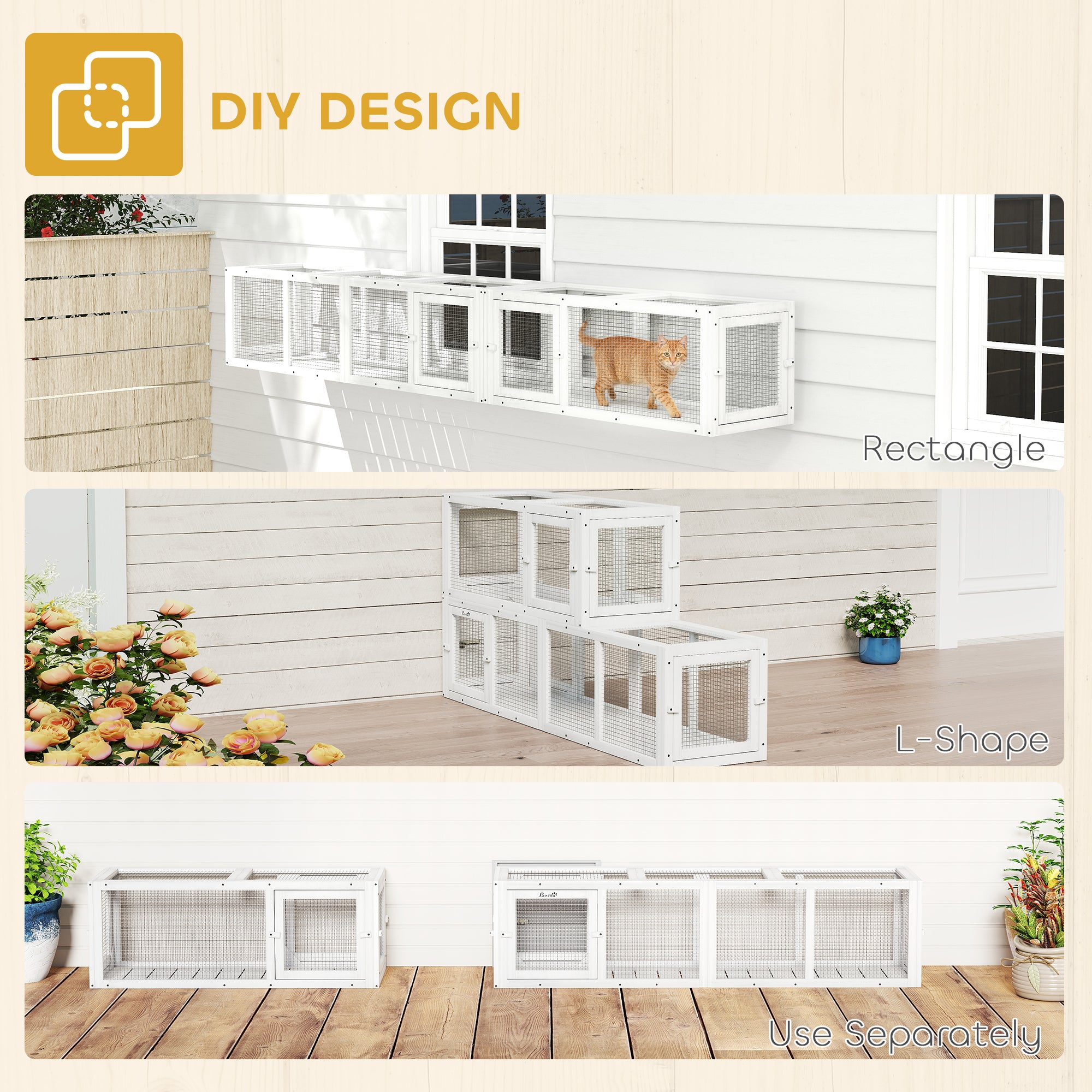 Wooden 98" Cat Tunnel for Outdoor with Combinable Design, 8 Doors, White