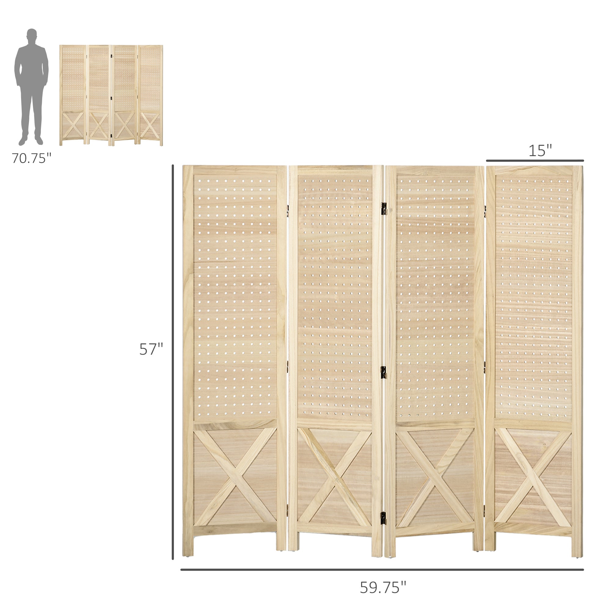 4.7' 4 Panel Wooden Room Divider with Pegboard Display, Folding Privacy Screen for Home Office, Natural