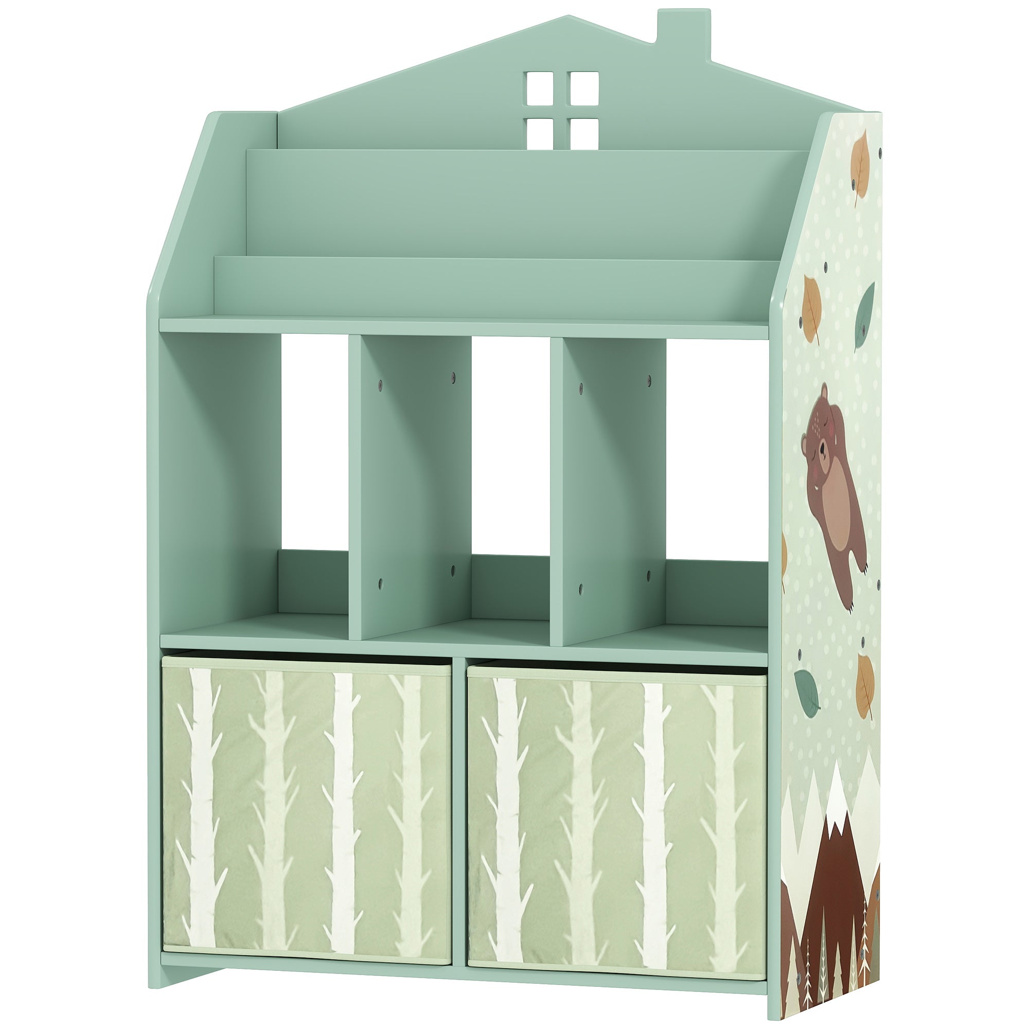 Kids Bookshelf with Storage, Toy Storage Unit with Book Display, Shelves and Fabric Drawers for Playroom Nursery, Green