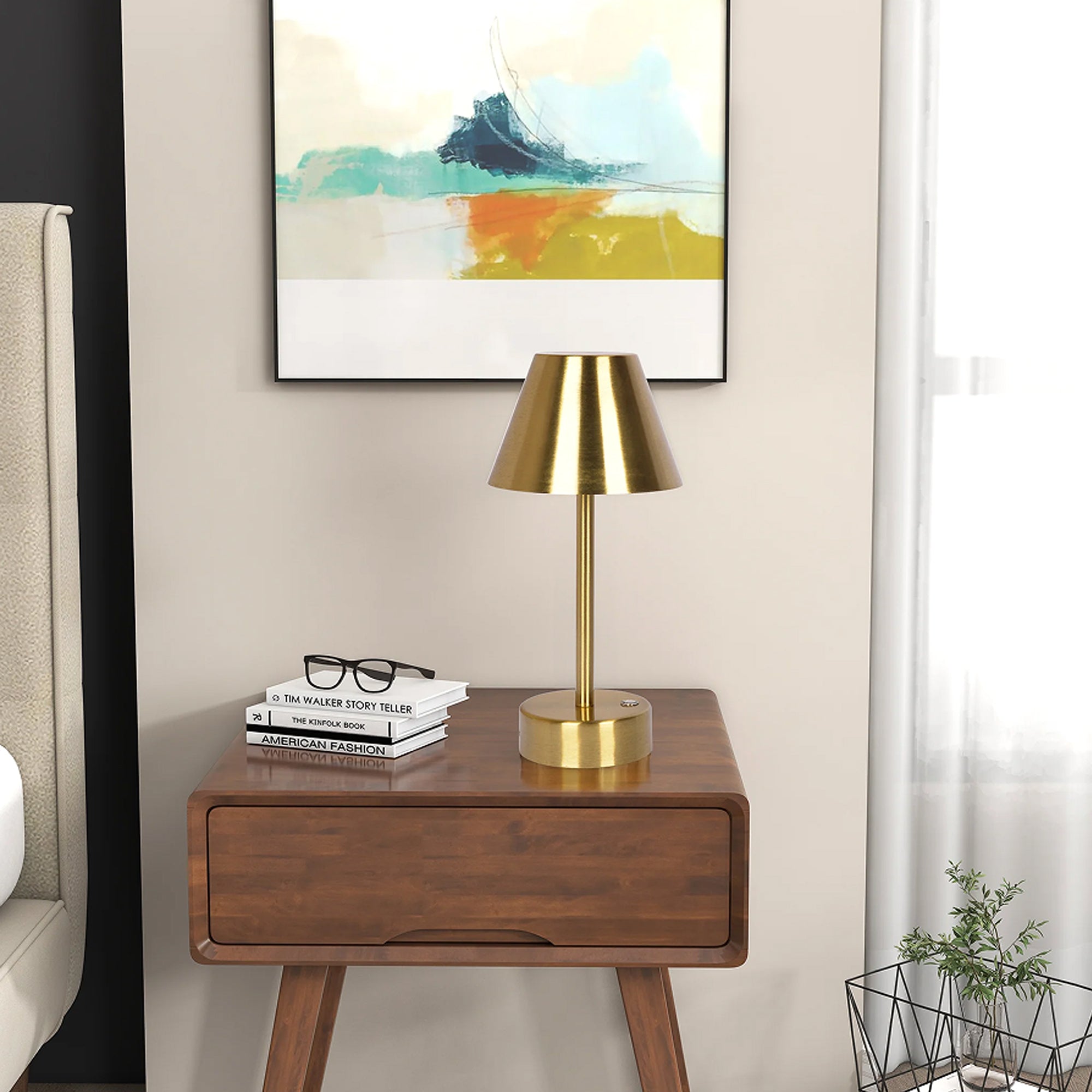 Rechargeable LED Table Lamp with Touch Switch, Plated Brass Finish, Nightstand Lamp for Bedroom, 5" L x 5" W x 10.5" H, Antique Brass+Gold