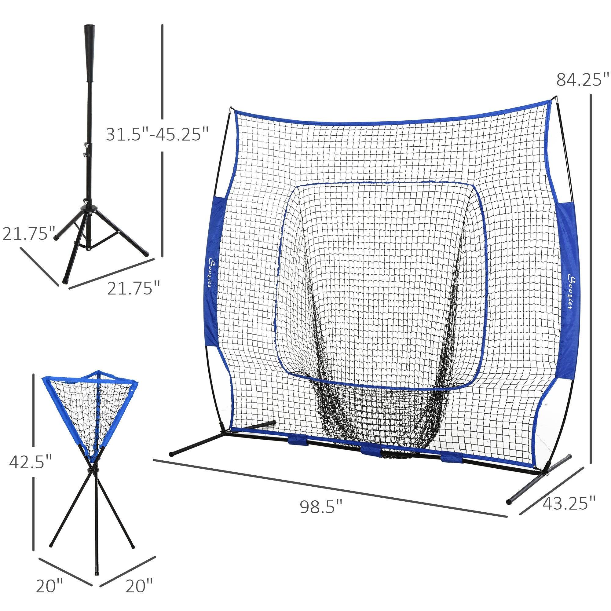 Baseball Net Set with 7.5x7ft Catcher Net, Ball Caddy, Portable Pitching Net for Hitting, Pitching, Batting, Catching, Blue