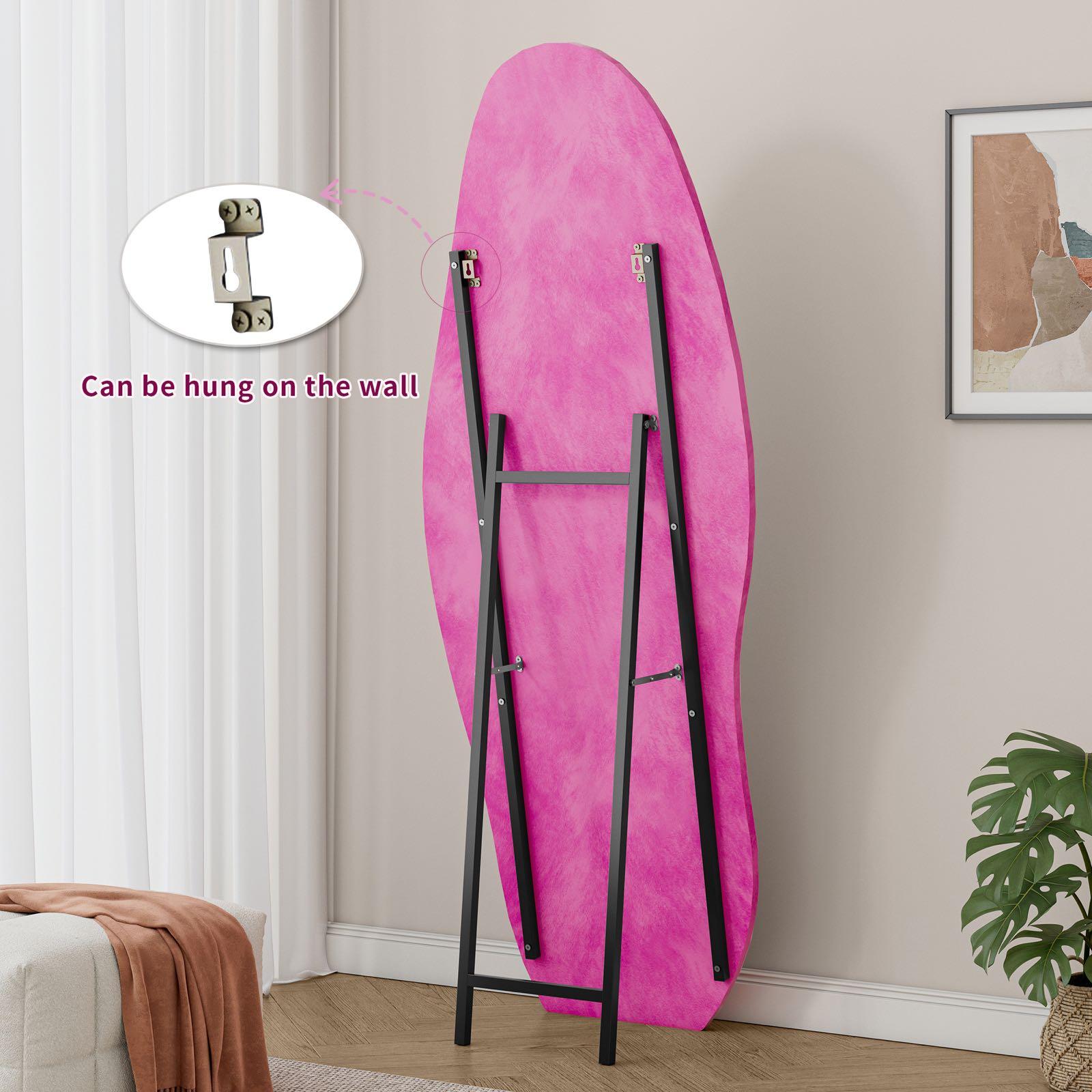 Full-Length Mirror with Flannel-Wrapped Wooden Frame, Irregular Wavy Design, Tempered Glass for Living Room, 63" L x 24" W x 2.5" H, Rose Pink