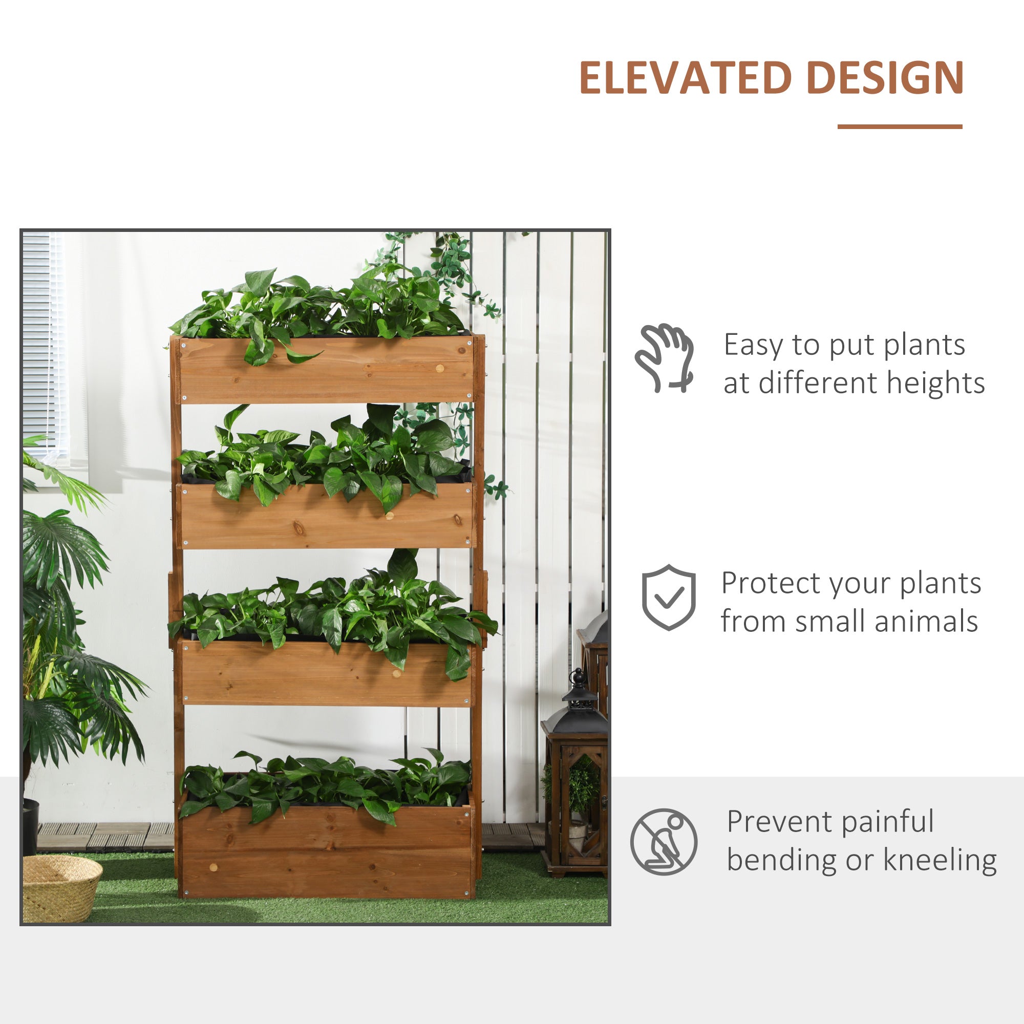 Vertical 4 Tier Raised Garden Bed, Wooden Planter Box, Self-Draining with Bed Liner for Indoor Outdoor Flowers, Vegetables and Herbs, Orange