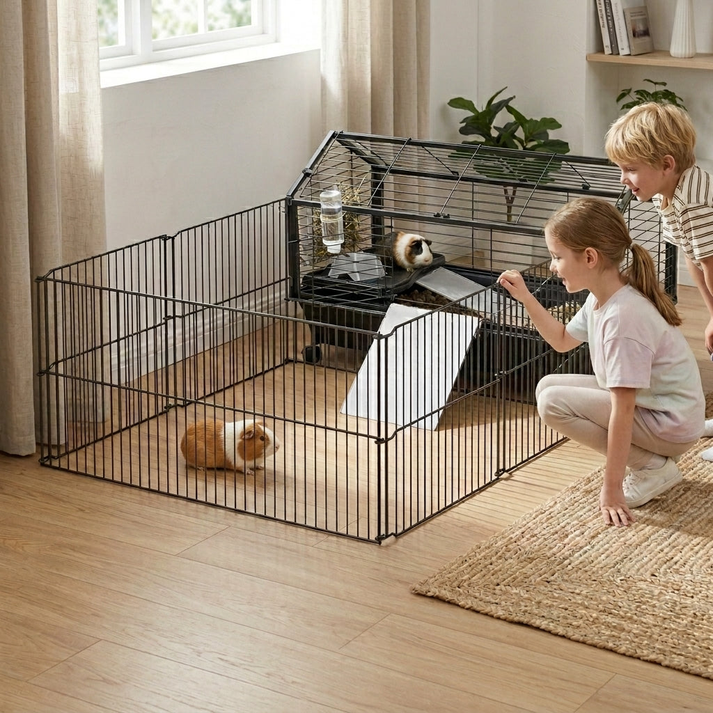 Rolling Metal Rabbit, Guinea Pig, or Small Animal Hutch Cage with Main House and Run