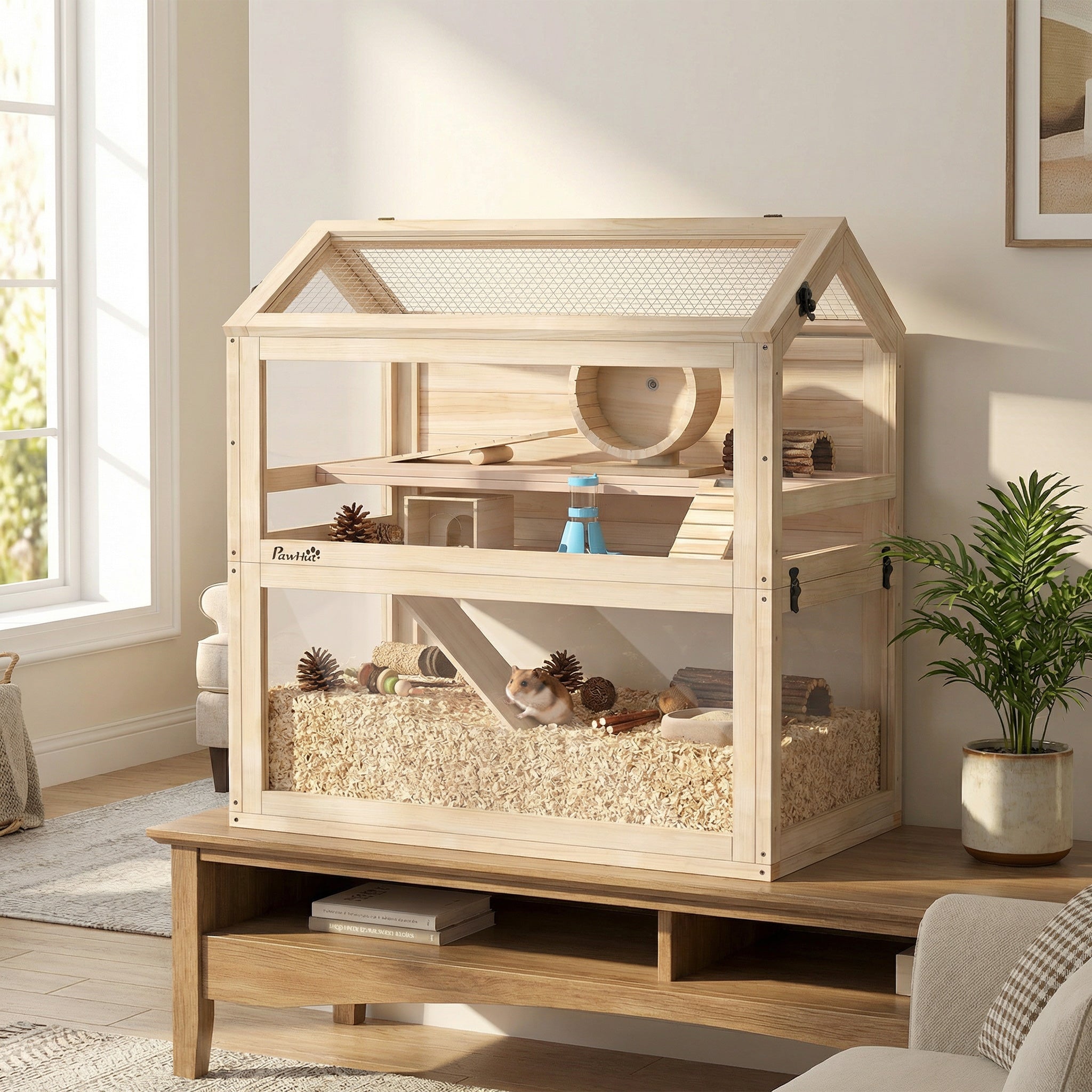 Wooden Hamster Cage, 3-Tier Small Animal Cage with Hut, Seesaw, Ramps, Exercise Wheel, Acrylic Panel and Bottom Tray