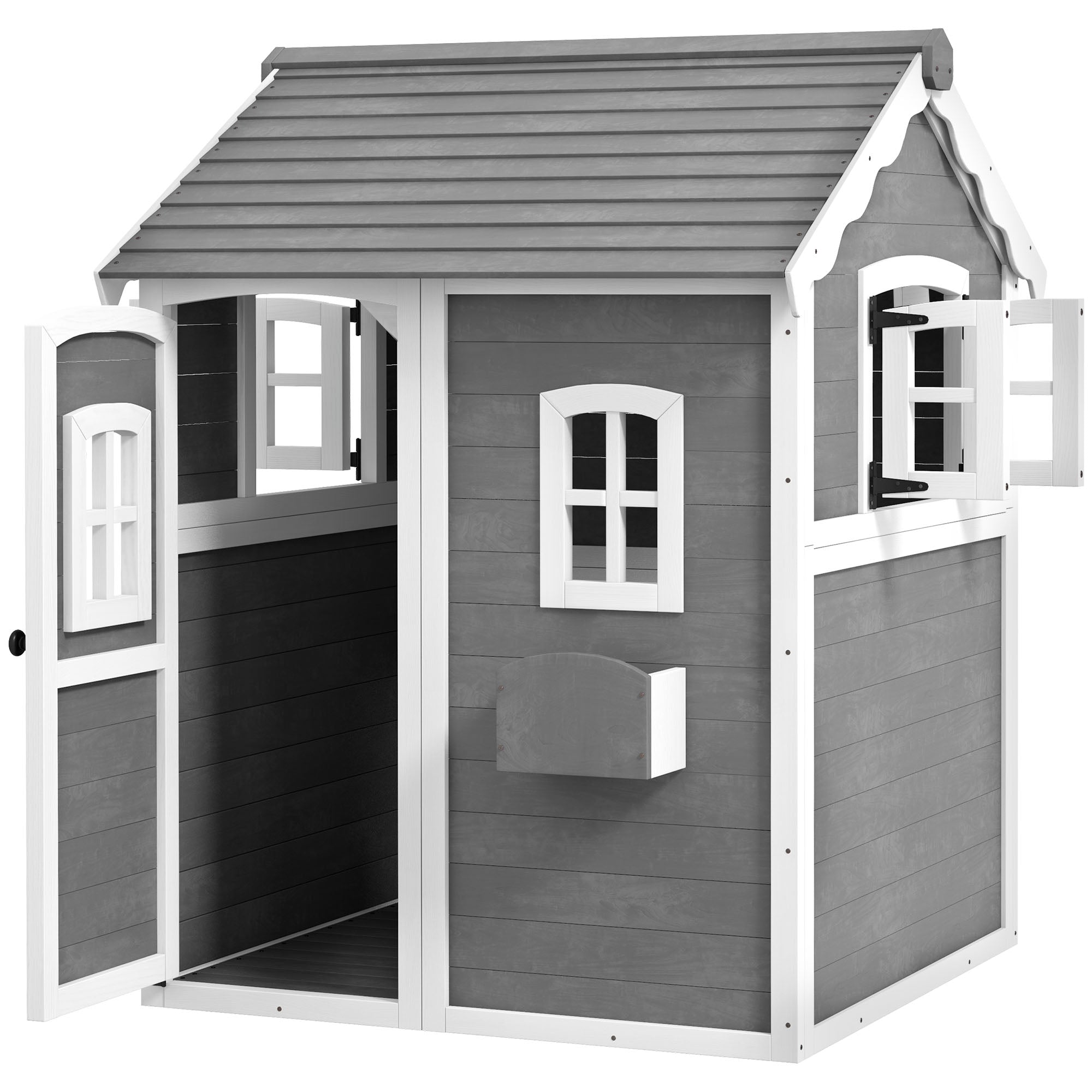 Outdoor Wooden Playhouse for Kids with Floor, Door, Windows, Planter Box for 3-8 Years Old, Backyard, Lawn, Garden