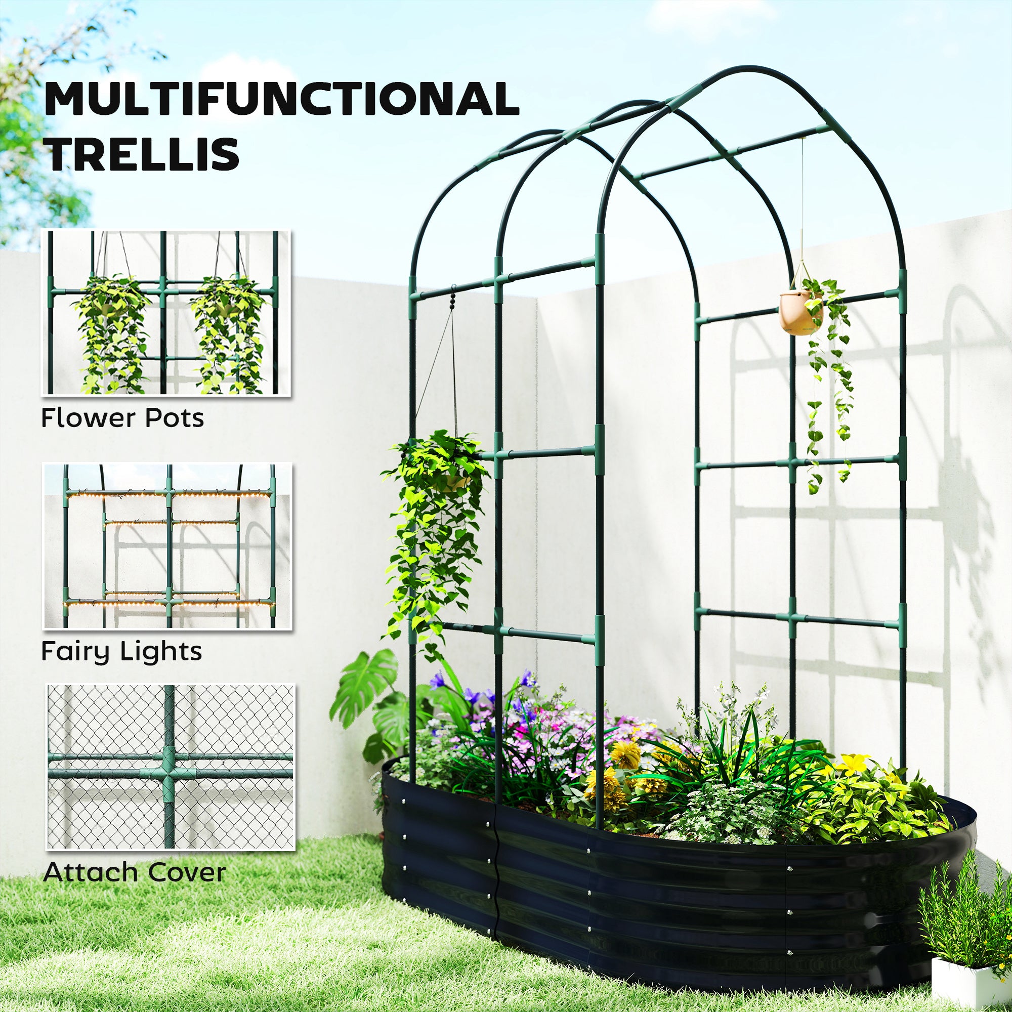 Galvanised Raised Garden Bed with Arched Trellis, 5 x 3 x 6ft Metal Outdoor Planter Box with Open Bottom, Dark Gray