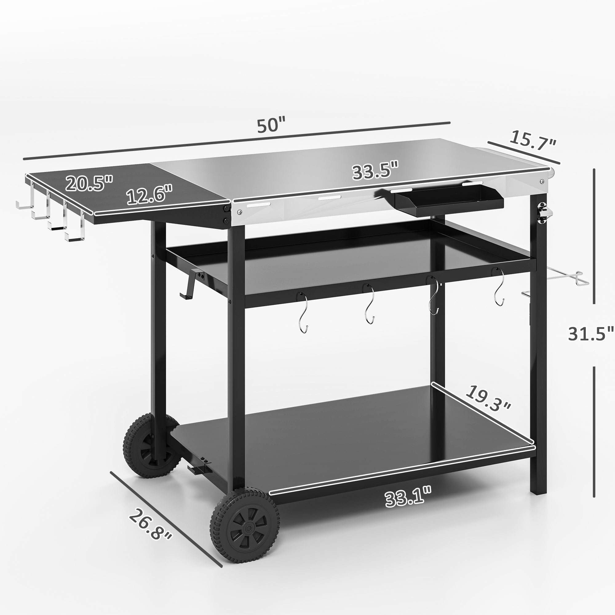 Outdoor Bar Cart Grill Table with Stainless Steel Tabletop, Wheeled Outdoor Serving Cart Prep Table with Storage, Hooks