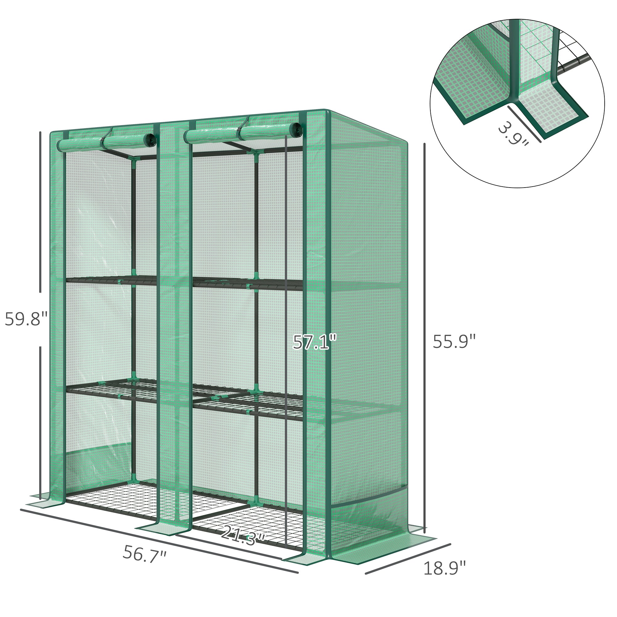 Lean-to Greenhouse with 3 Tier Shelves, Portable Greenhouse with PE Cover, 2 Roll-Up Doors, 56.7" x 18.9" x 59.8", Green