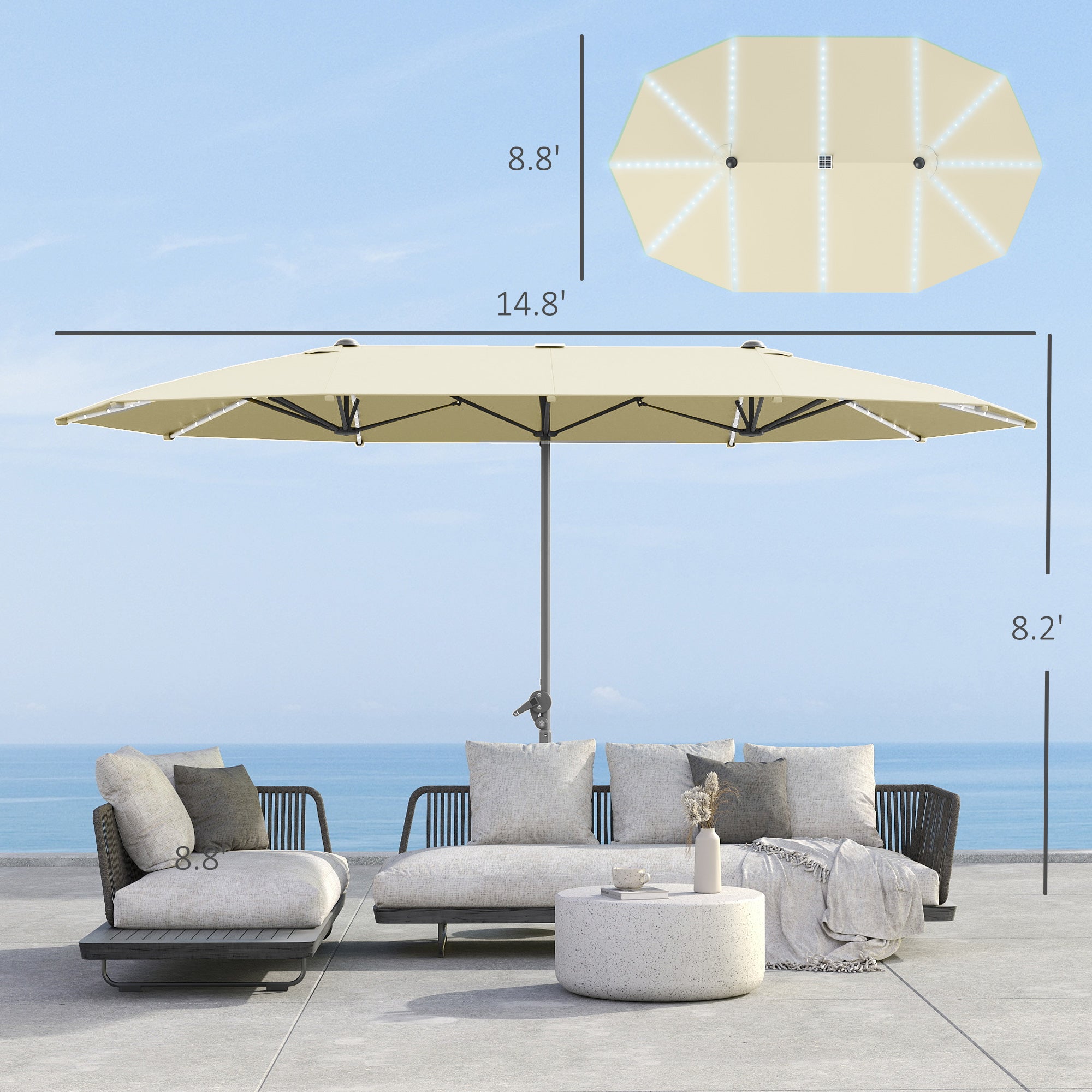 15ft Double-Sided Outdoor Umbrella with Solar Lights, UPF50+ Extra Large Aluminum Patio Umbrella with Crank, Cream White