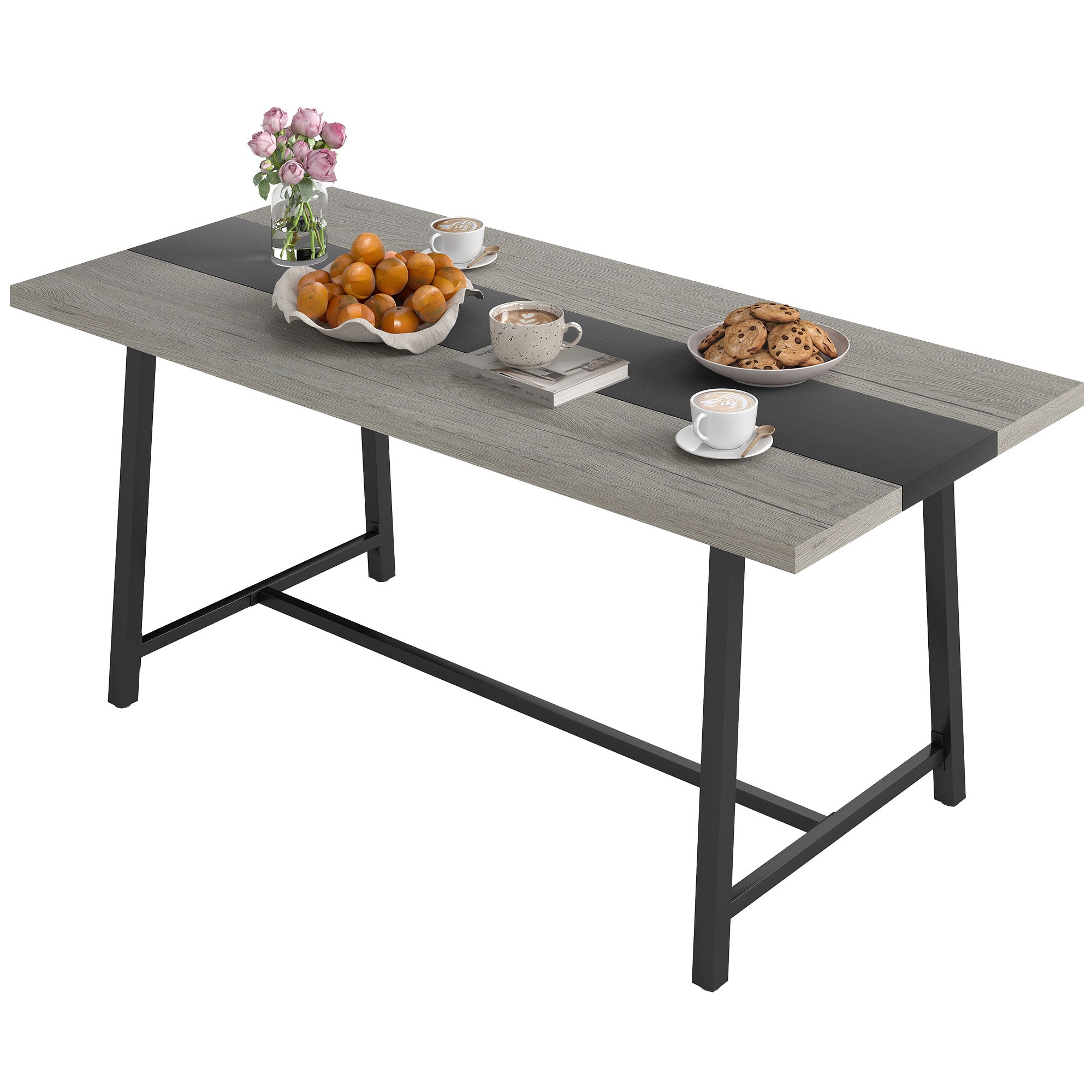 Industrial Kitchen Table for 8 People, 70.9" Long Dining Table with Large Tabletop and Steel Legs for Dining Room, Gray