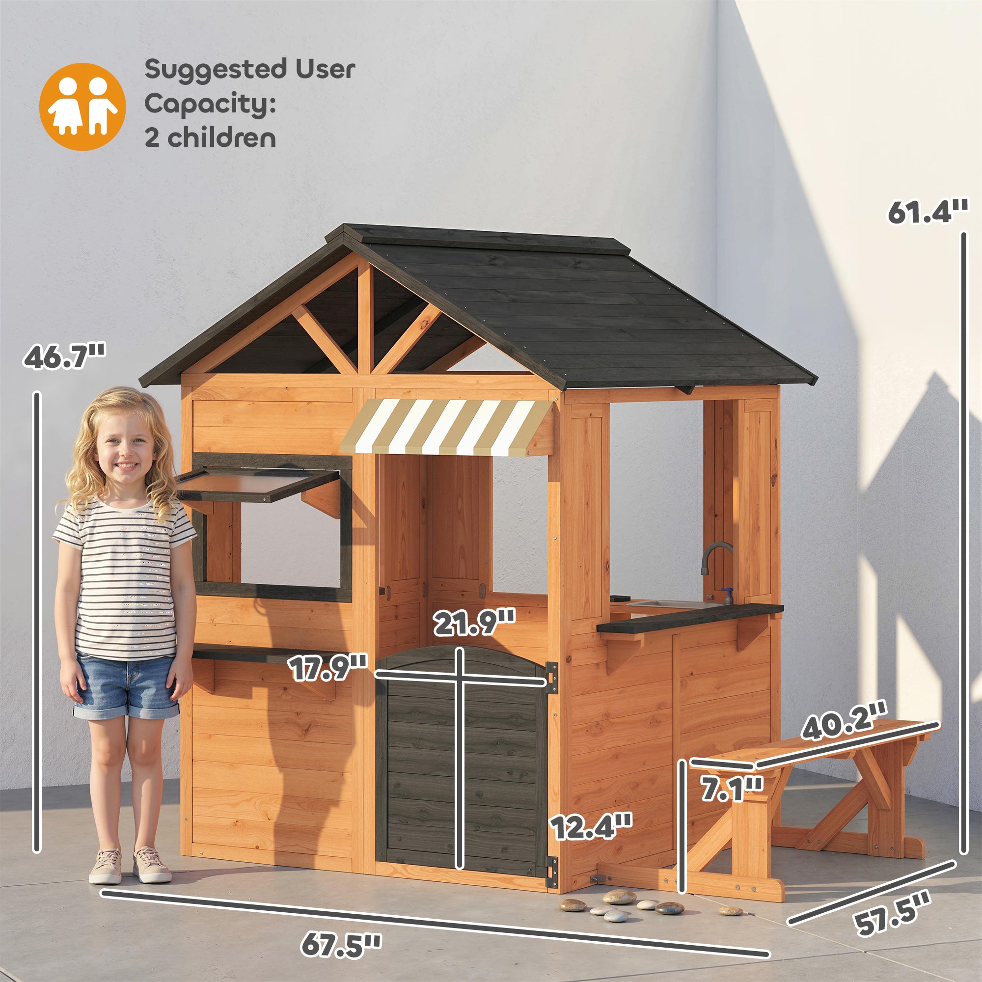 Wooden Kids Playhouse with Play Kitchen, Picnic Bench, Serving Station, Windows and Door for Backyard, Ages 3–8, Brown
