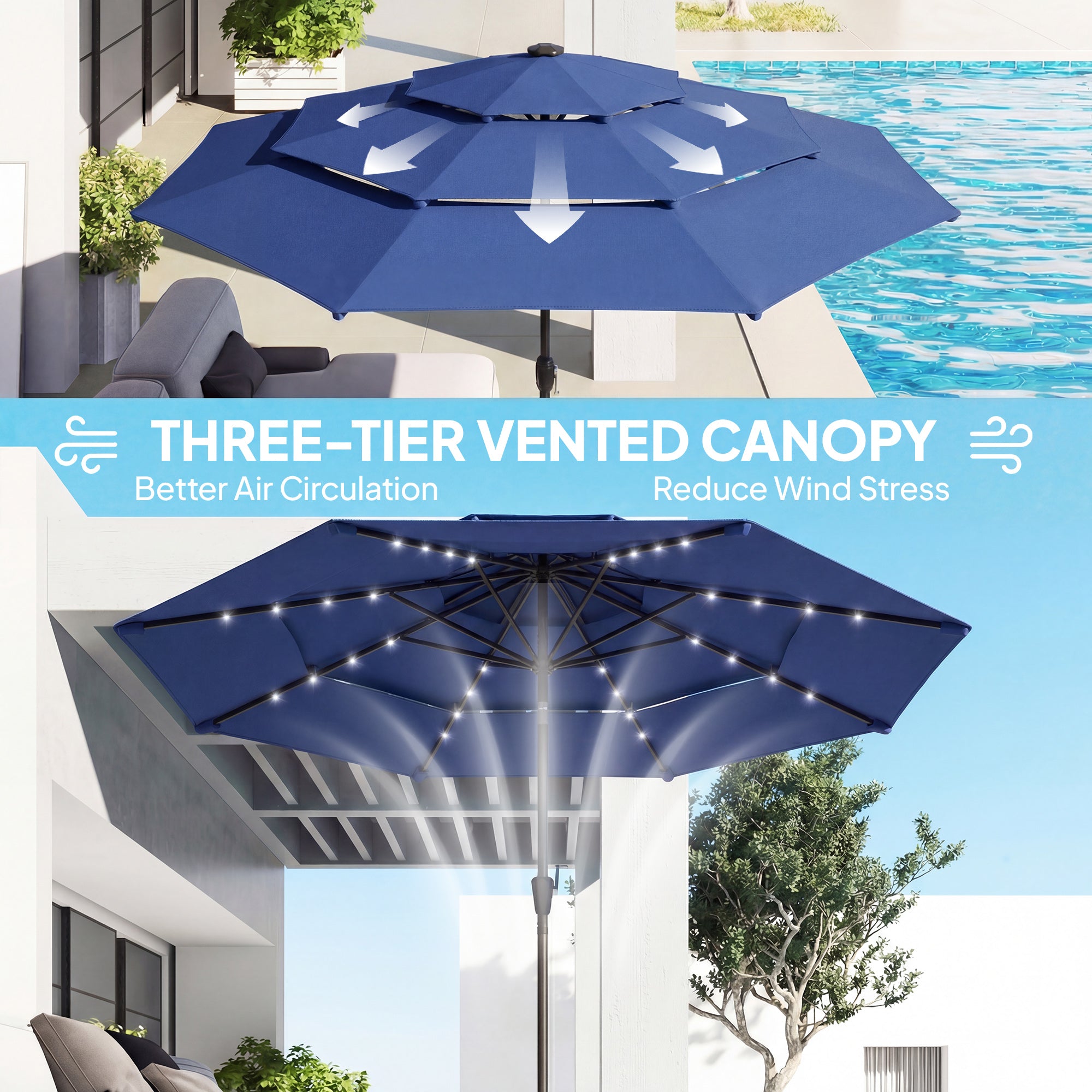 9.7 ft Outdoor Patio Umbrella with Solar LED Lights, 3 Tier Outdoor Table Umbrella with Tilt, Crank, Navy Blue