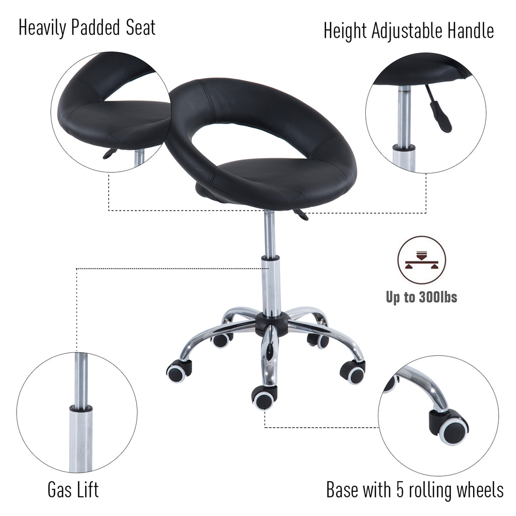 Crescent Rolling Salon Stool with Adjustable Height, Breathable Open Back, Foam Cushion Seat, and 5 Caster Wheels, Black