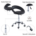 Crescent Rolling Salon Stool with Adjustable Height, Breathable Open Back, Foam Cushion Seat, and 5 Caster Wheels, Black