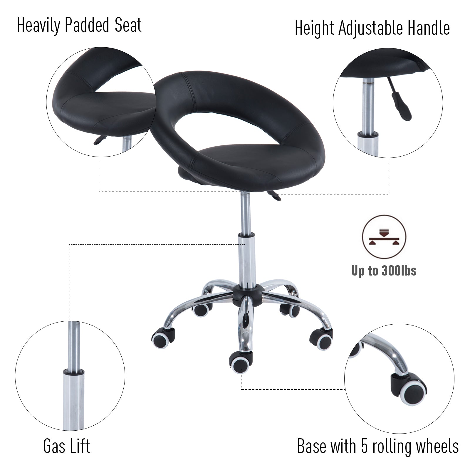 Crescent Rolling Salon Stool with Adjustable Height, Breathable Open Back, Foam Cushion Seat, and 5 Caster Wheels, Black
