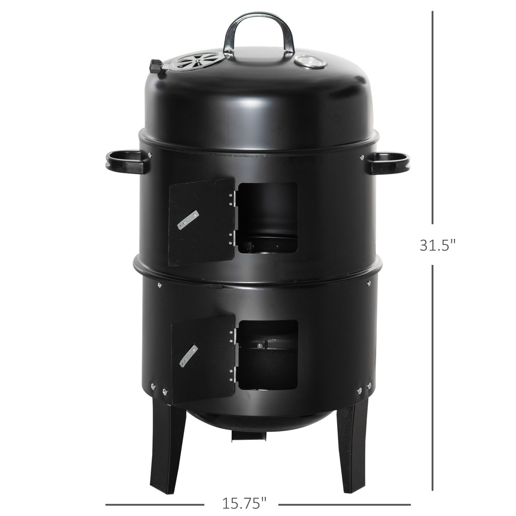 3-in-1 Vertical Charcoal BBQ Smoker Grill with 2 Cooking Areas and Thermometer