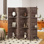 5 Panel 67" Tall Wood Privacy Screen Room Divider with 3 Shelves and Folding Storage for Bedroom, Walnut