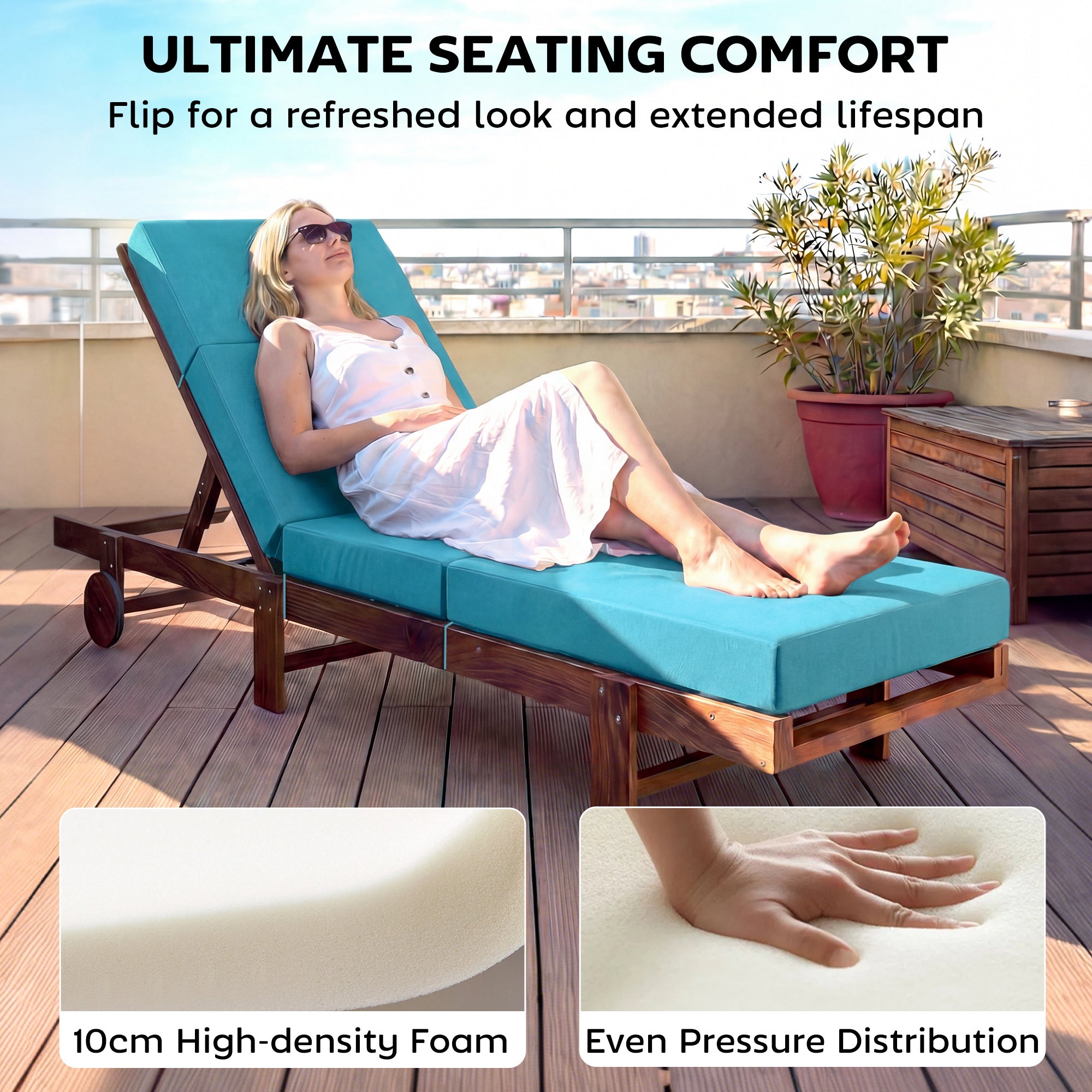 Chaise Lounge Cushion, 4" Thick Outdoor Lounge Chair Cushion with Ties for Patio, 21" x 72", Blue