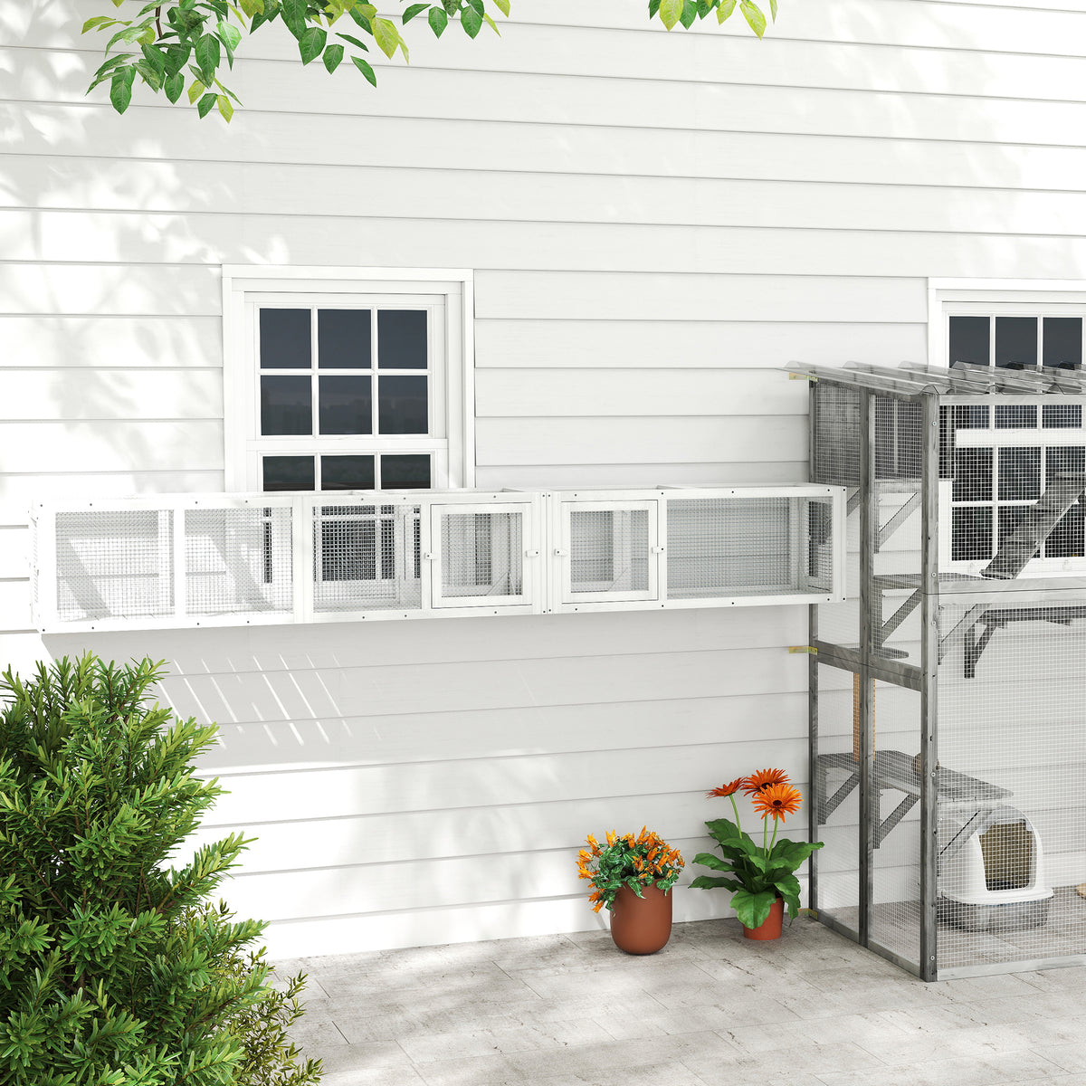 Wooden 98" Cat Tunnel for Outdoor with Combinable Design, 8 Doors, White