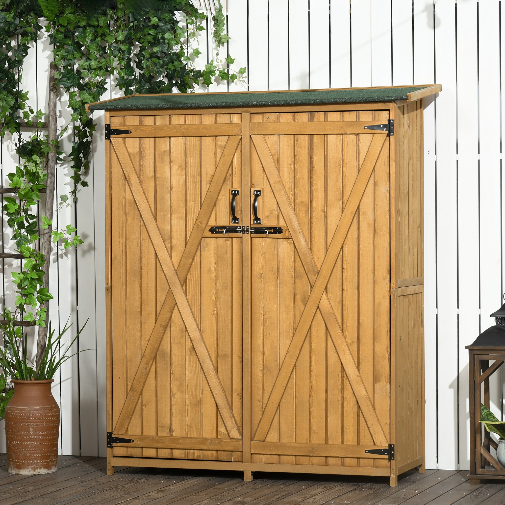 Outdoor Storage Cabinet Wooden Garden Shed Utility Tool Organizer with Waterproof Asphalt Rood, Lockable Doors, 3 Tier Shelves for Lawn, Backyard, Natural