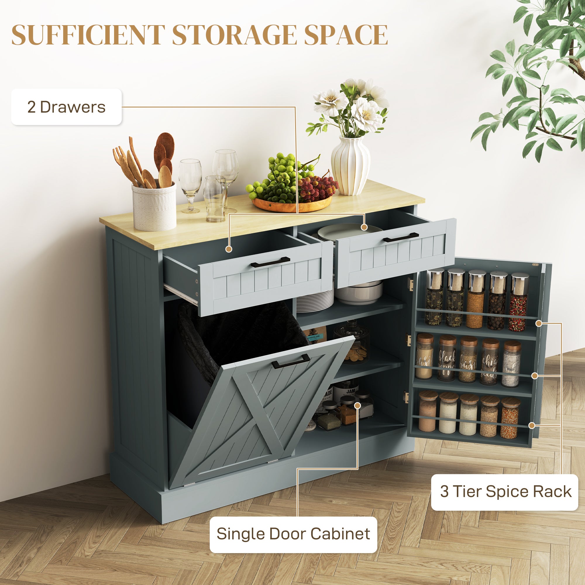 10 Gallon Farmhouse Kitchen Cabinet with Hidden Trash Can and 2 Drawers, Tilt Out Trash Can Cabinet for Kitchen, Gray