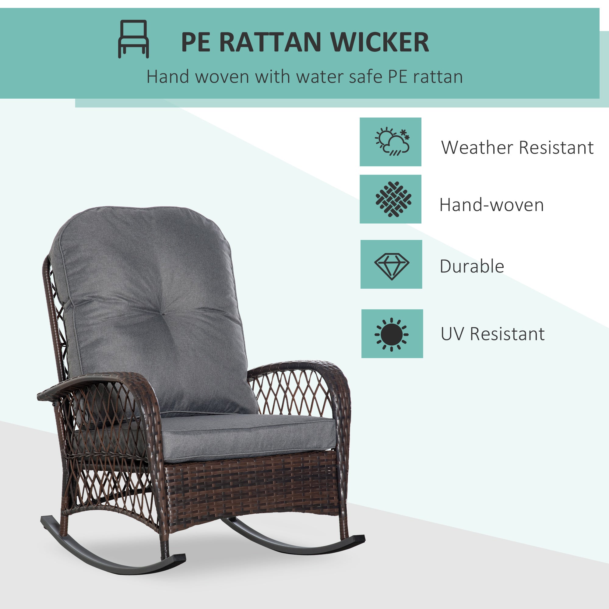 Rattan Porch Rocker w/ Plush Cushion, Gray
