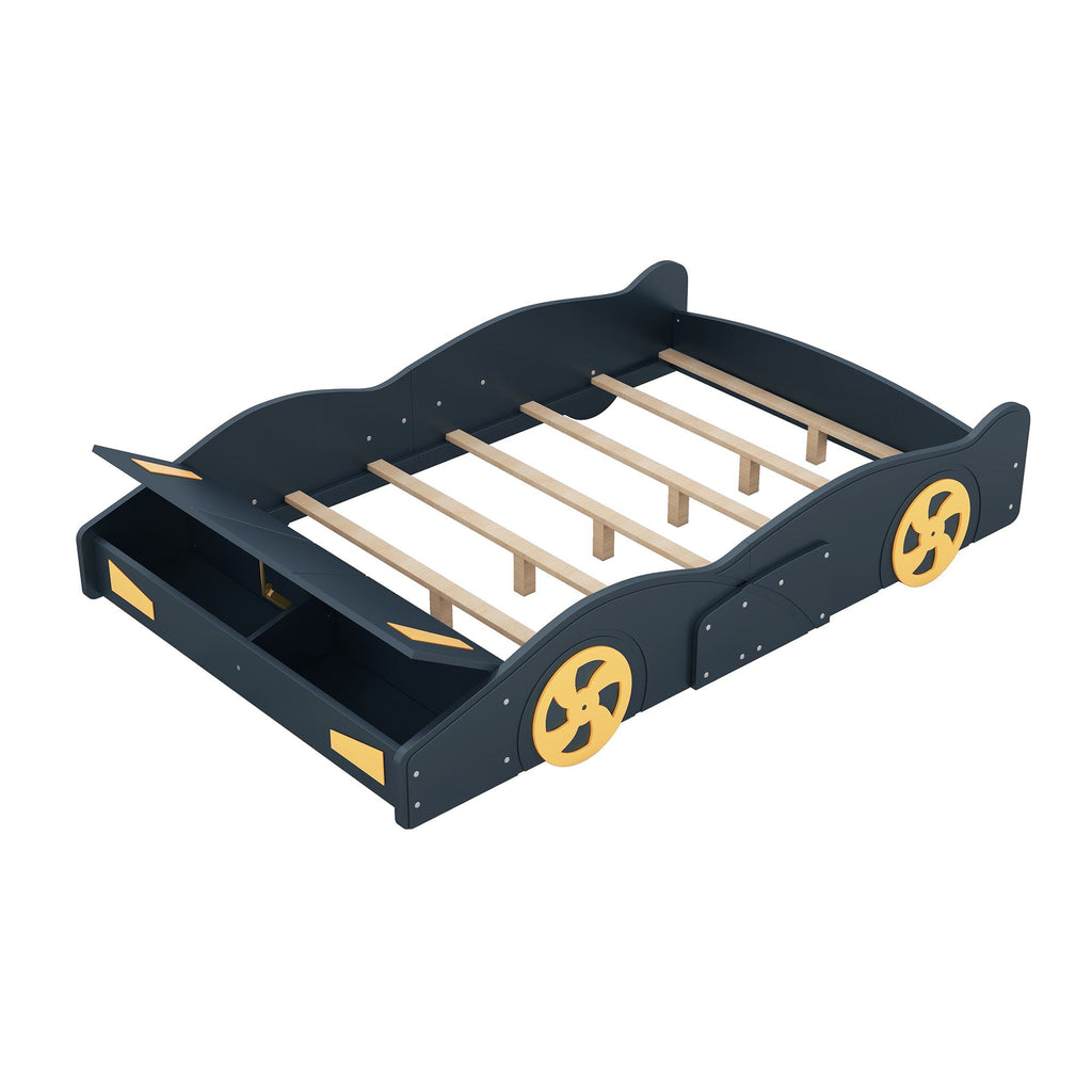 Full Size Race Car-Shaped Platform Bed with Wheels and Storage, Solid Wood and MDF, 90.5" L x 55" W x 15.5" H, Dark Blue