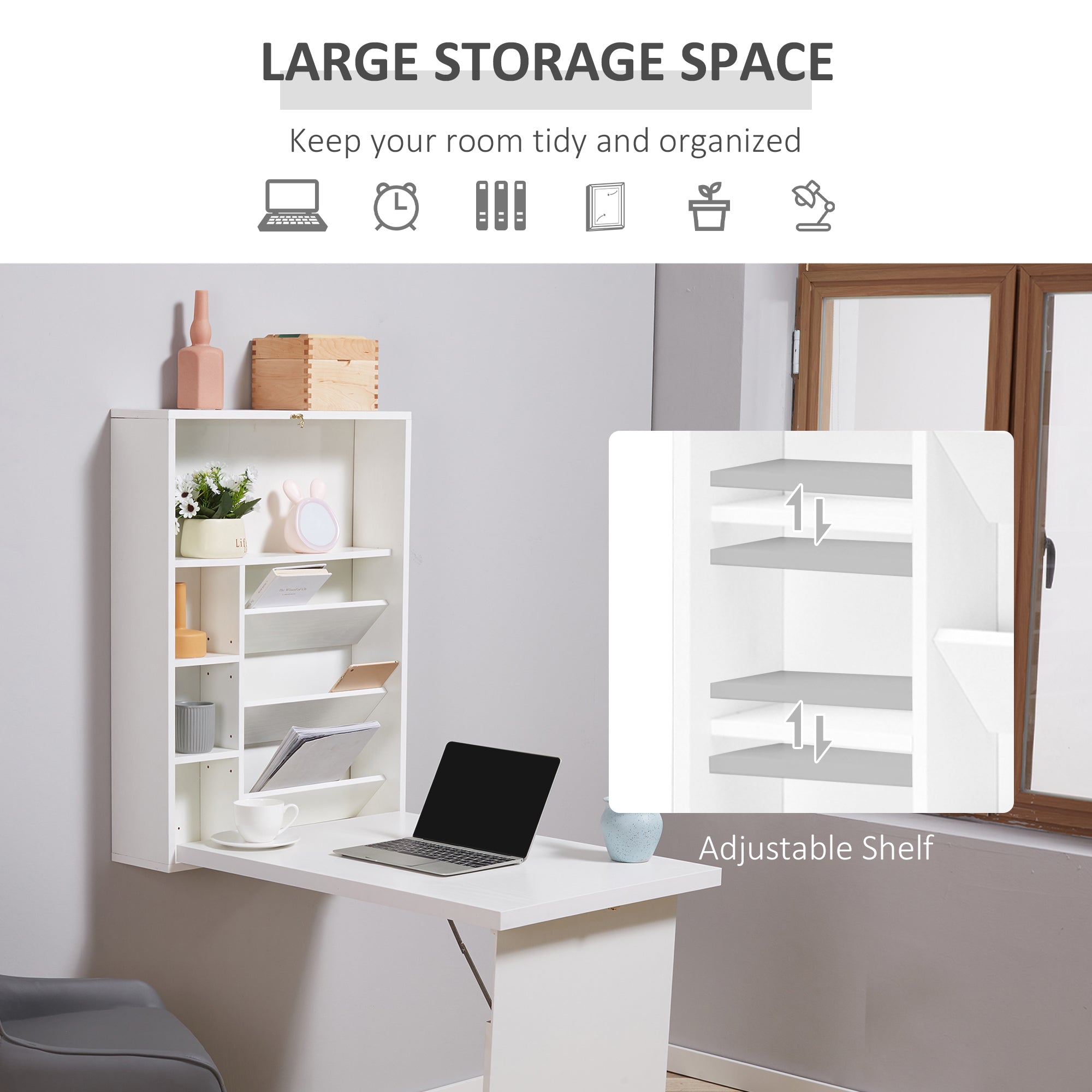 Wall Mounted Fold Out Convertible Desk, Multi-Function Floating Desk with Storage Shelf for Home Office, White