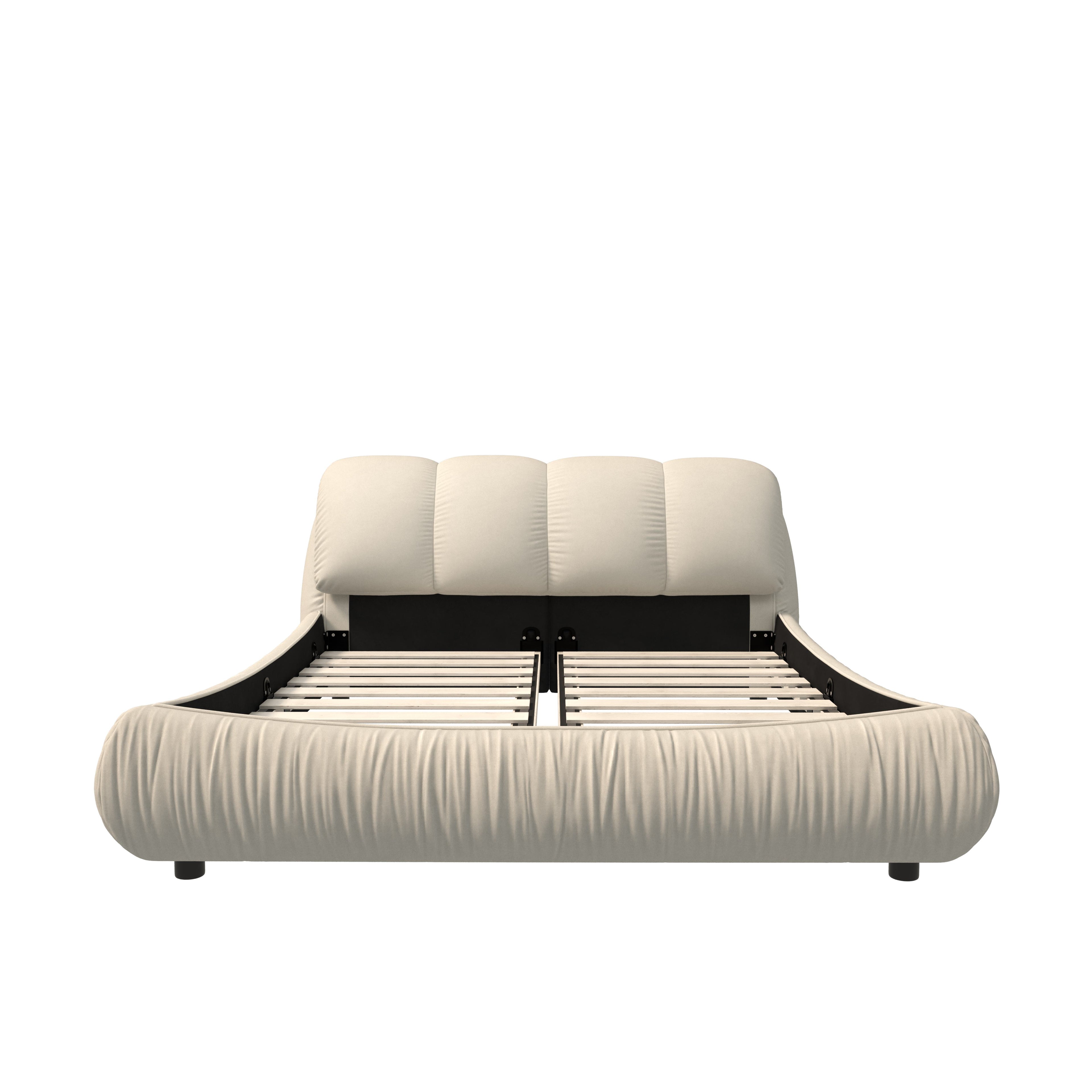Queen Size Upholstered Bed with Oversized Padded Backrest, Solid Wood Frame, Adjustable Mattress Heights, 96.5" L x 70" W x 43.5" H, Beige