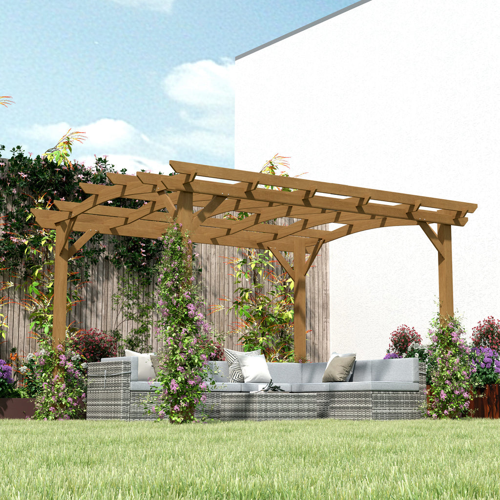 10' x 12' Wood Pergola, Outdoor Gazebo Grape Trellis with Arched Roof for Climbing Plant Support, Dark Brown