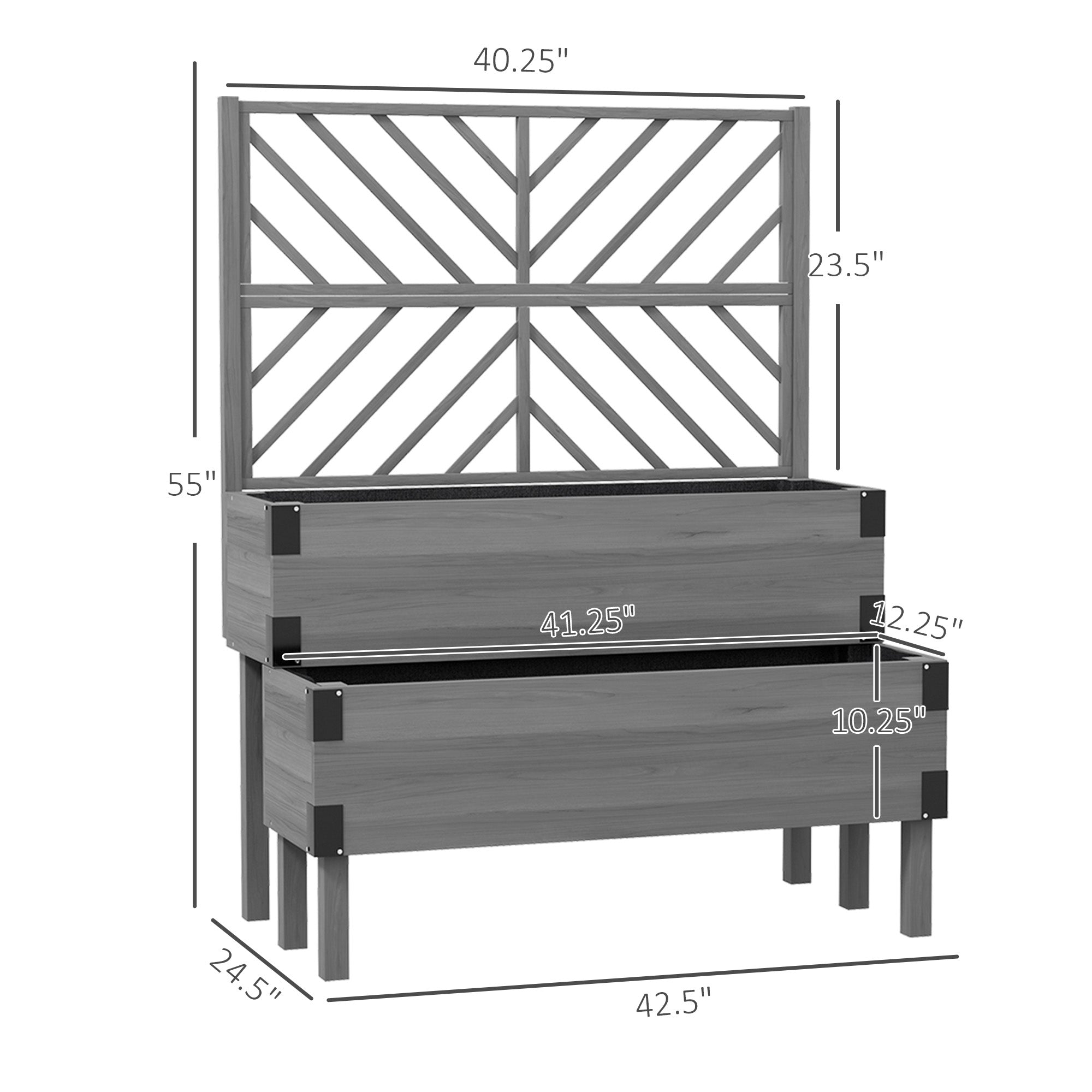 2 Tier Trellis Planter, Wooden Raised Garden Bed, Gray